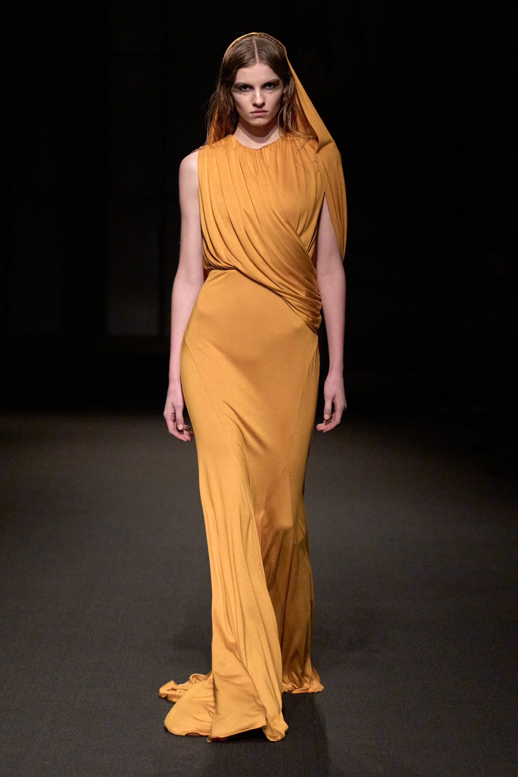 fitted yellow silk gown