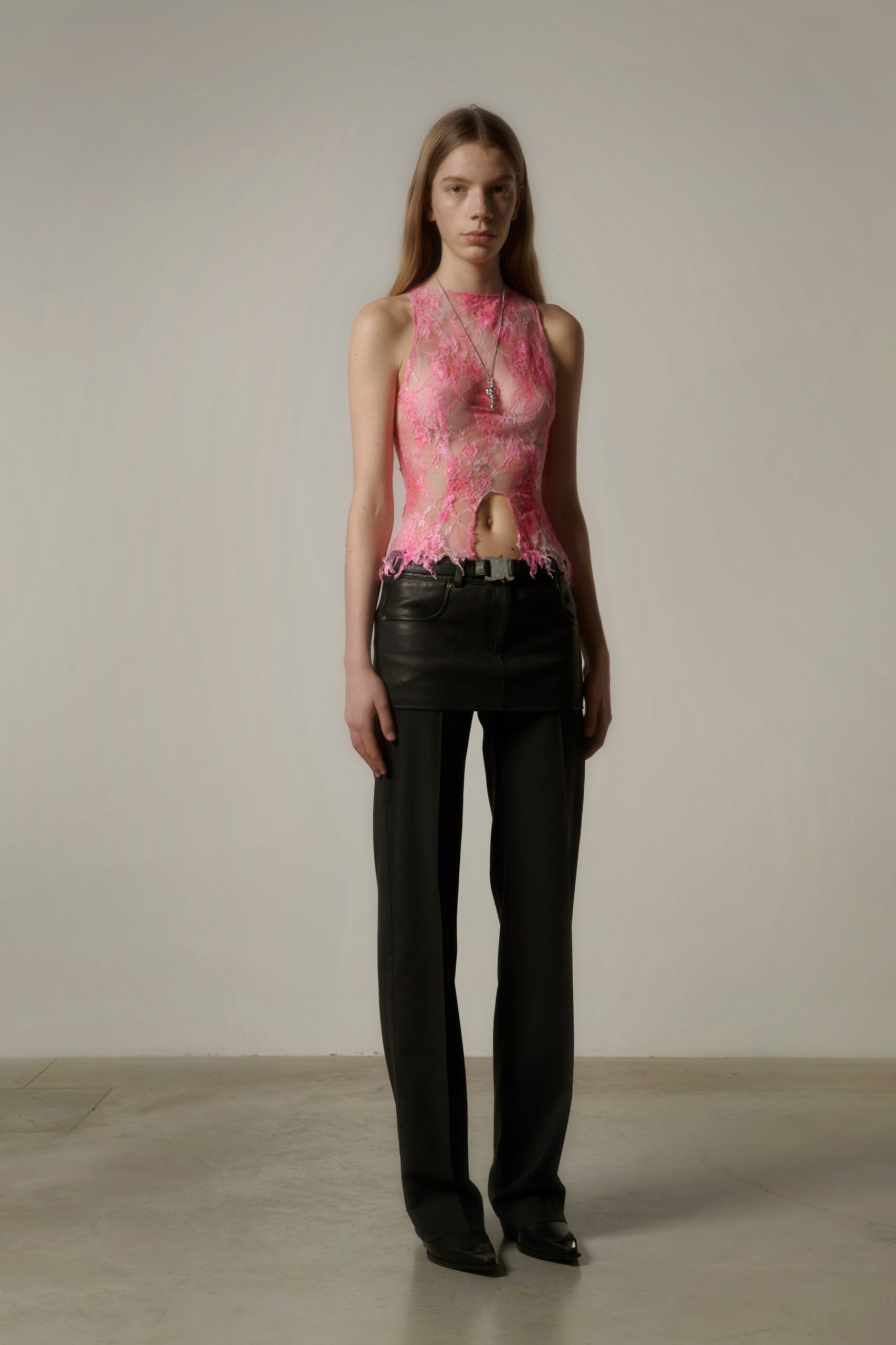pink lace sleeveless high-neck fitted fringed top