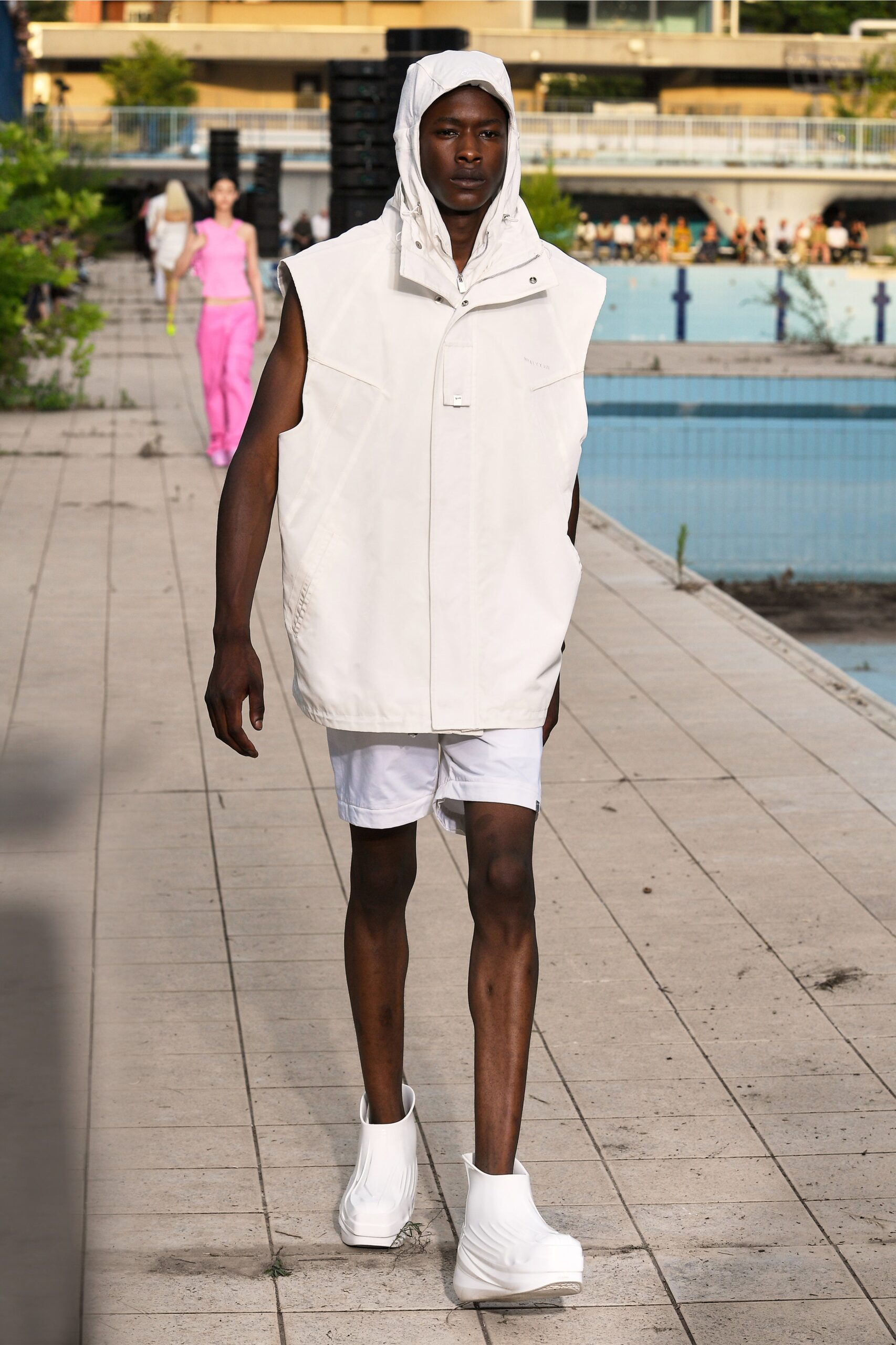 white cotton sleeveless hooded oversized zippered jacket