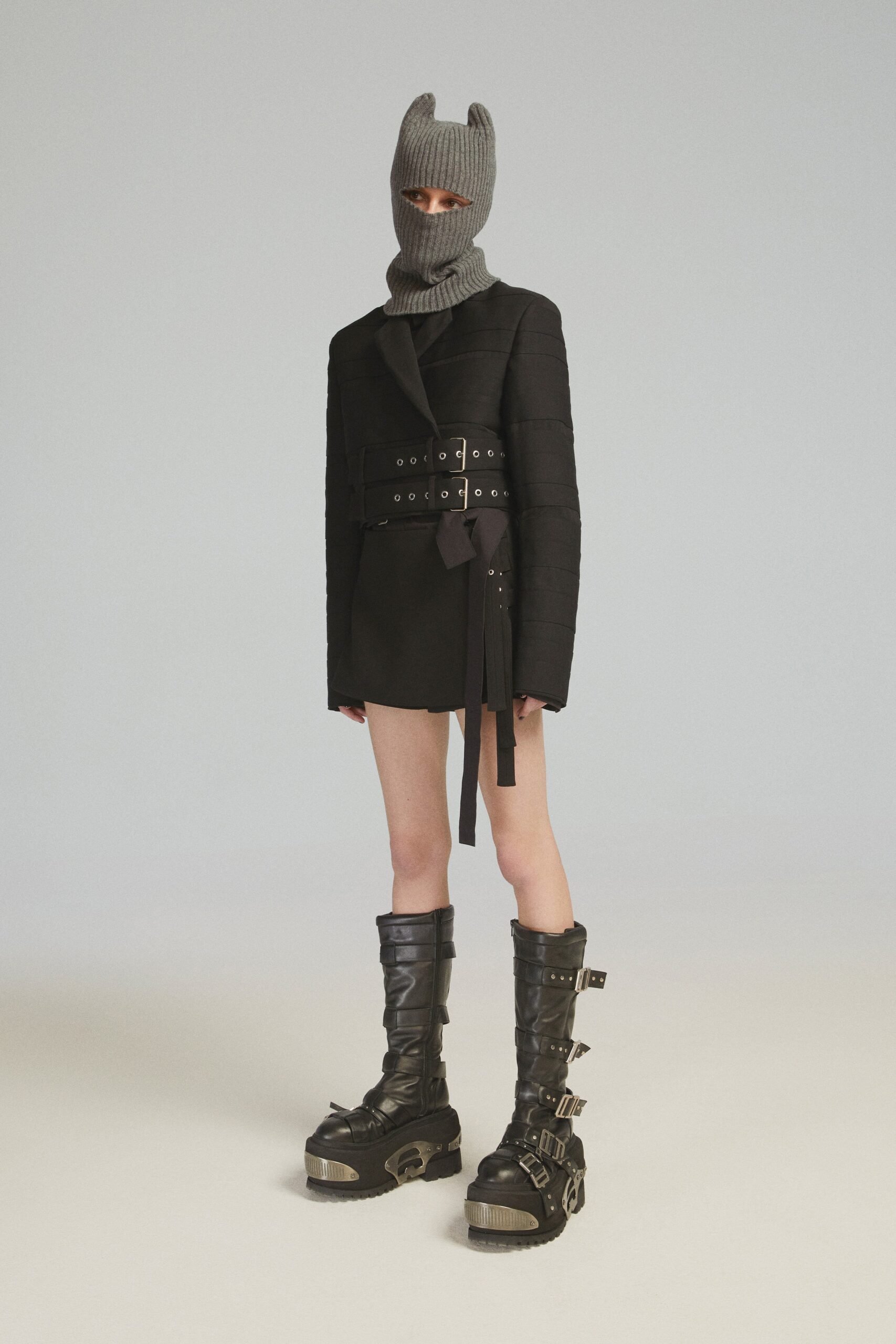 black cotton long-sleeve collared fitted zippered belted dress