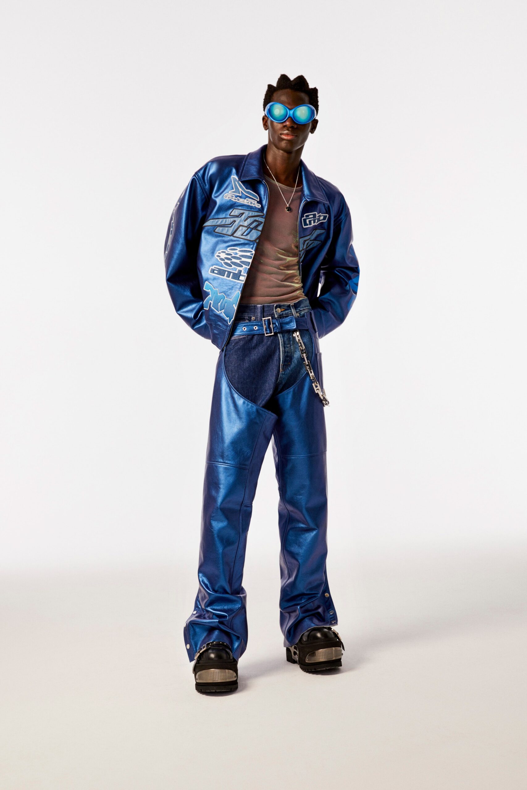 blue oversized vinyl jacket