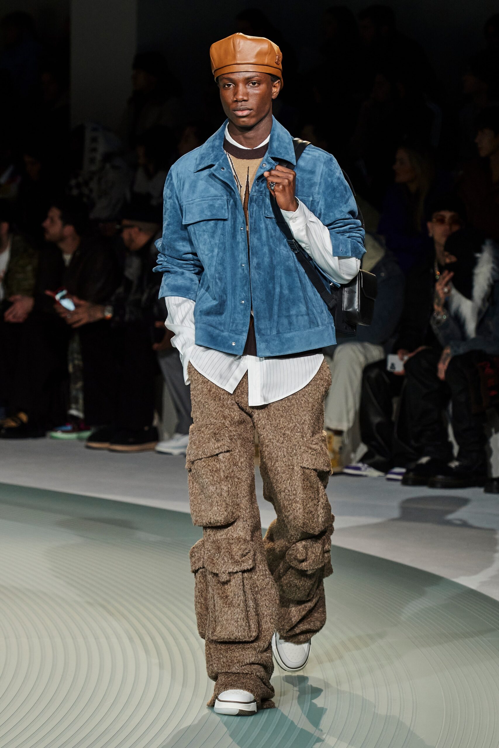 blue suede jacket with cargo pants