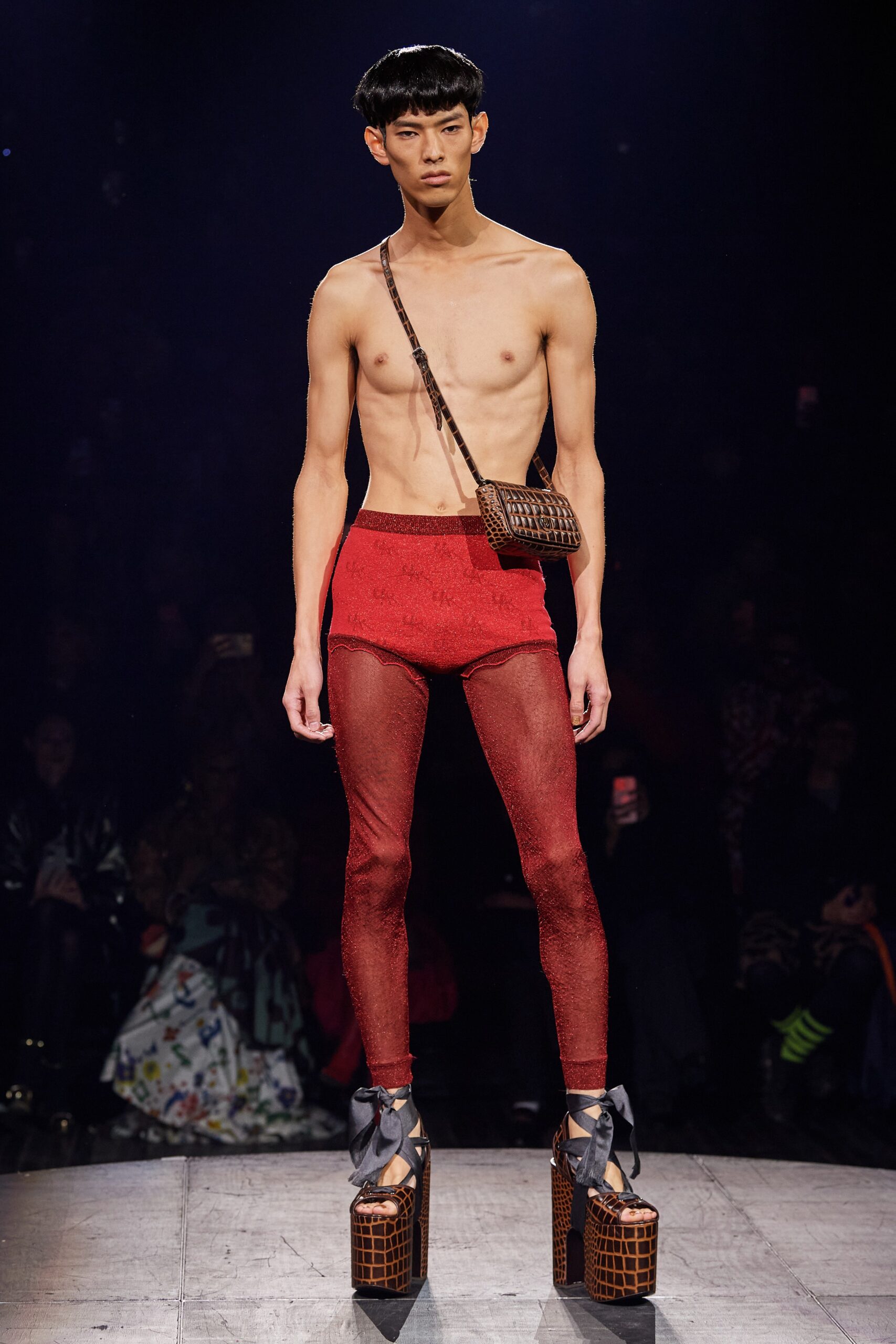 red fitted pants with platform shoes