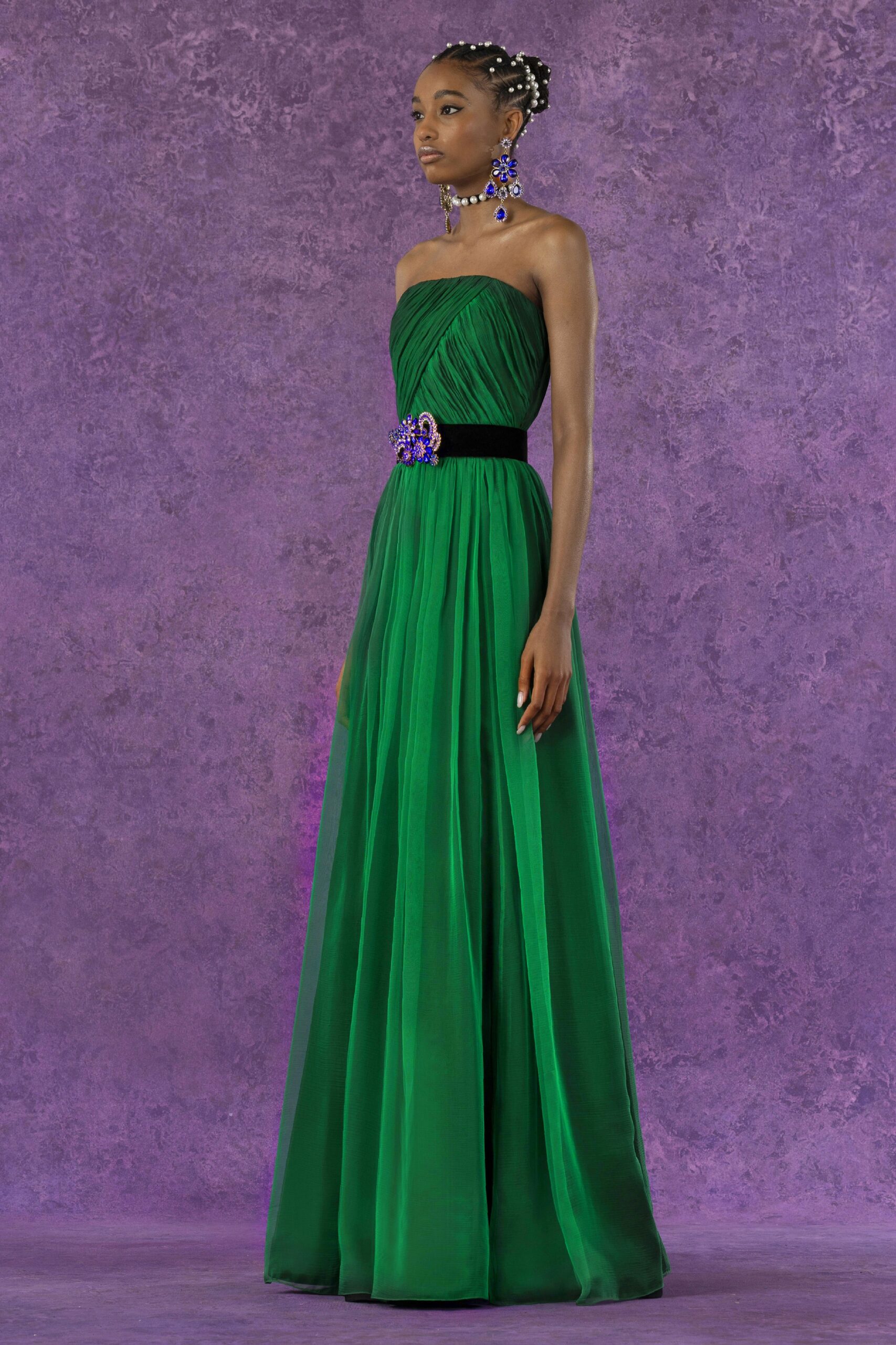 green silk strapless gown