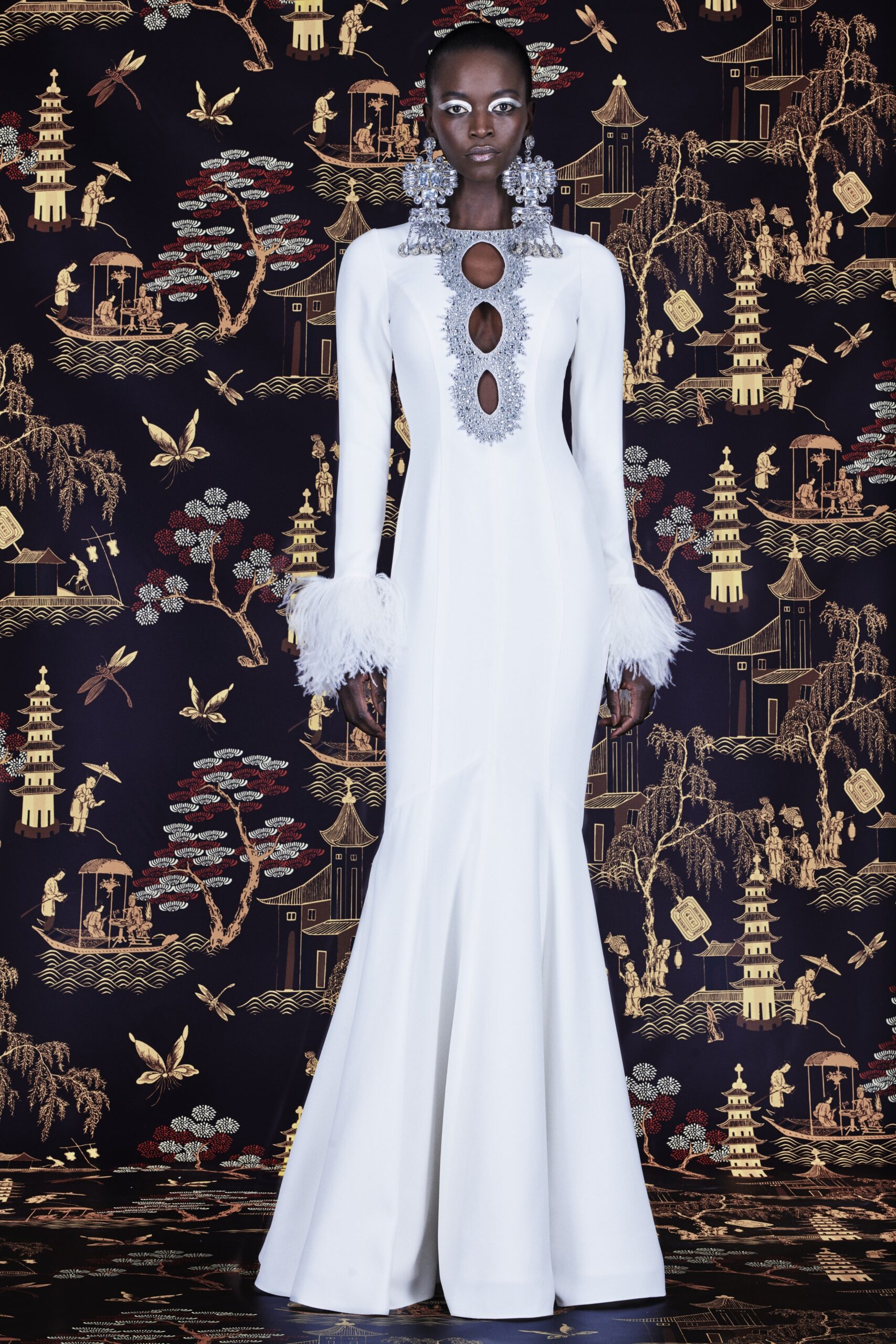 white silk fitted gown