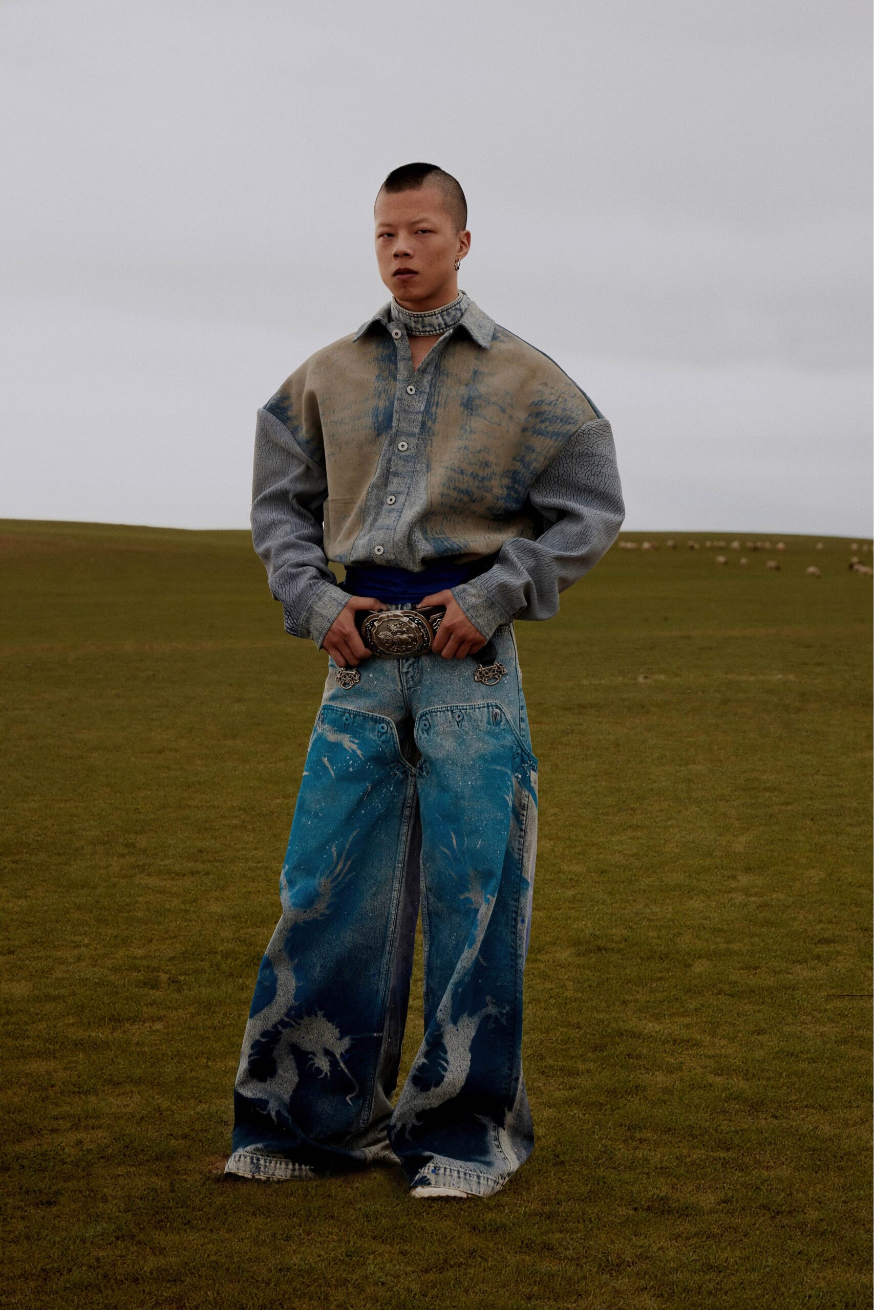 beige denim long-sleeve collared relaxed buttoned layered shirt