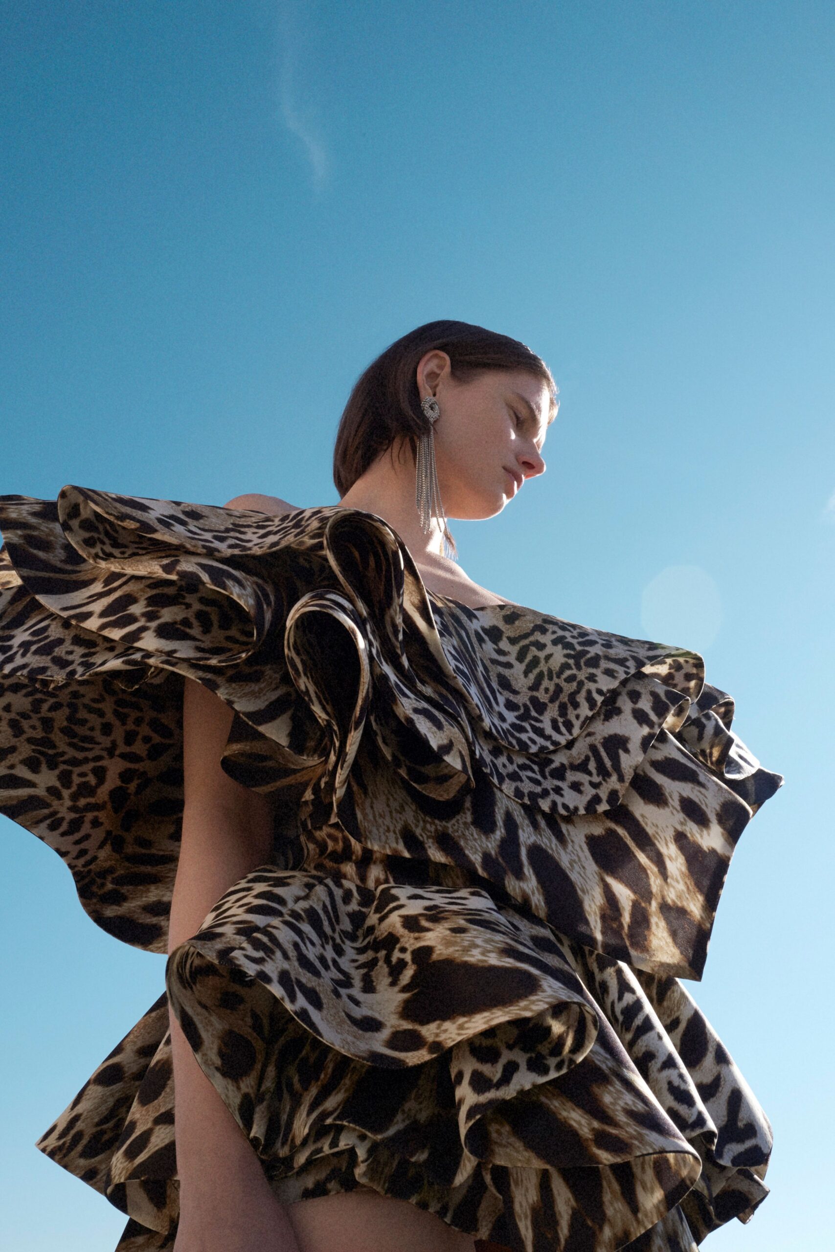 brown beige ruffled animal-print dress