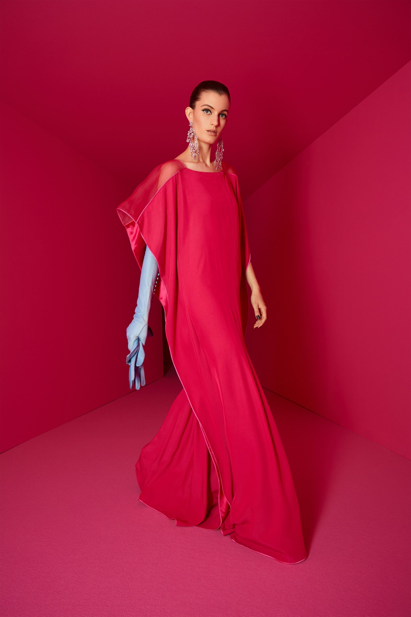 pink silk gown with blue gloves