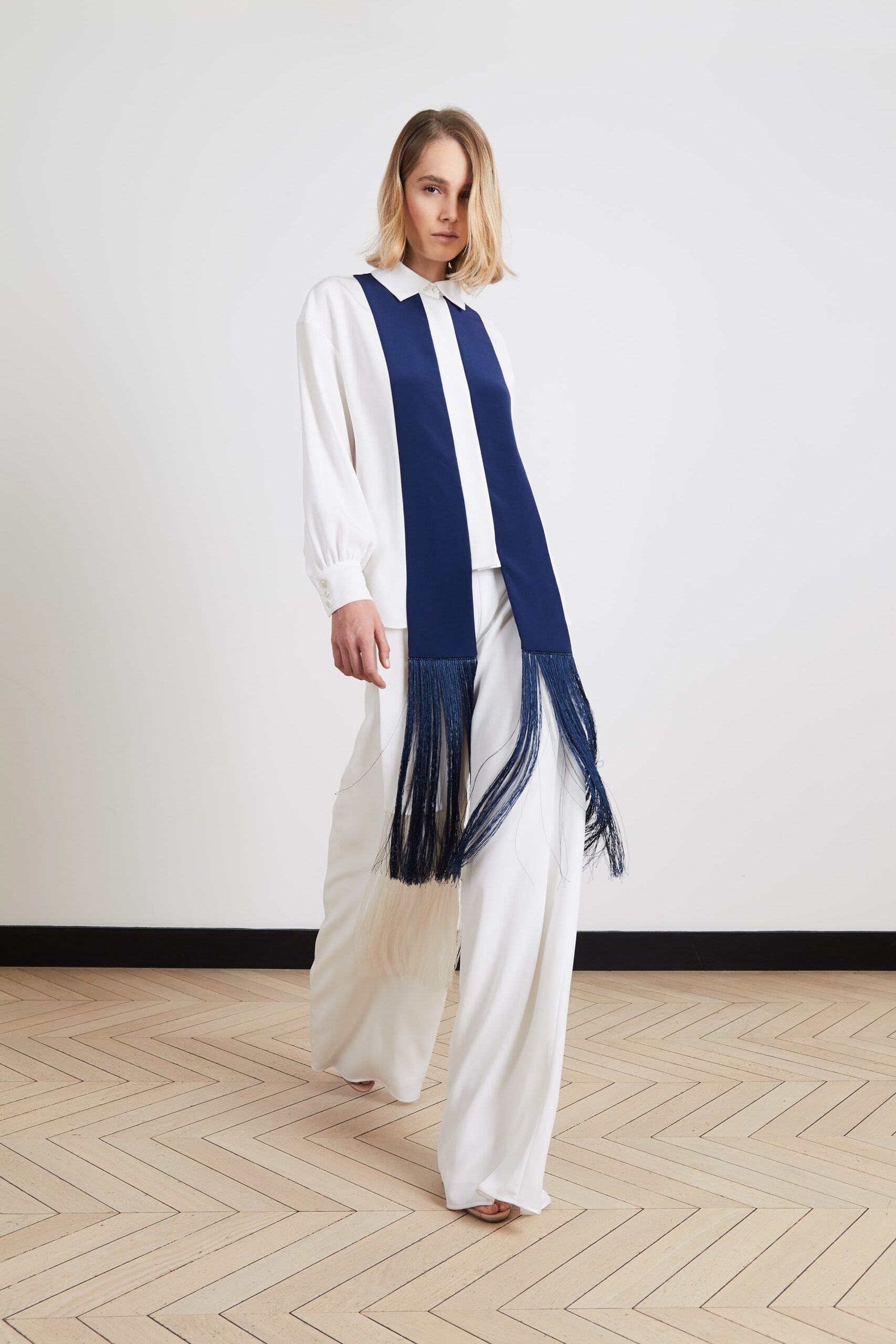white silk blouse and pants