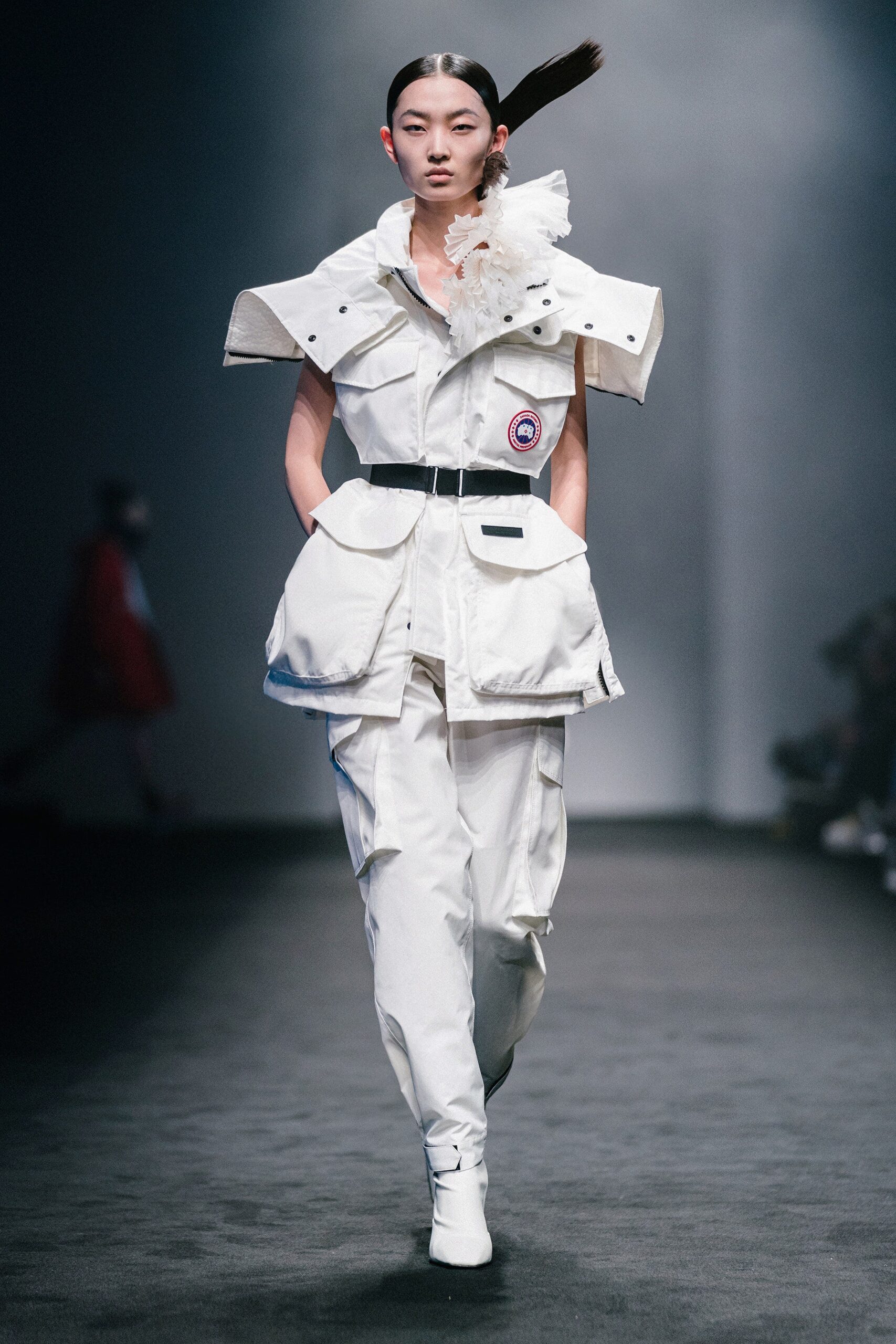 white cotton short-sleeve collared structured zippered pockets jacket