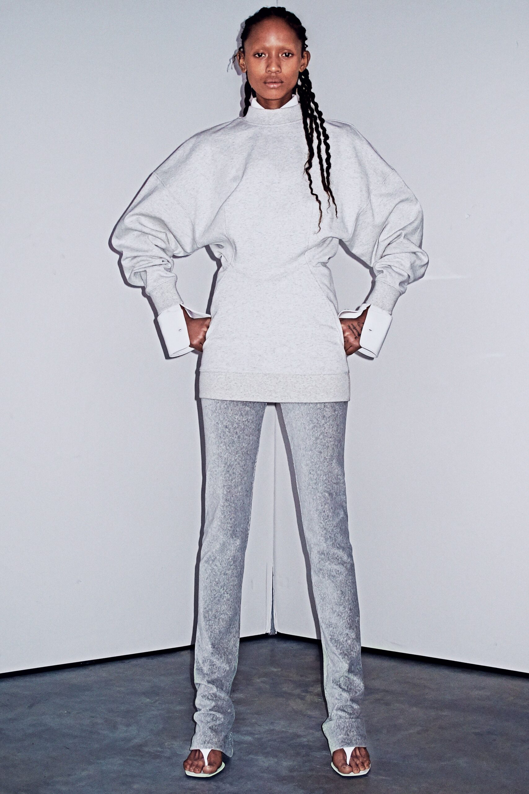 gray cotton long-sleeve high-neck oversized top