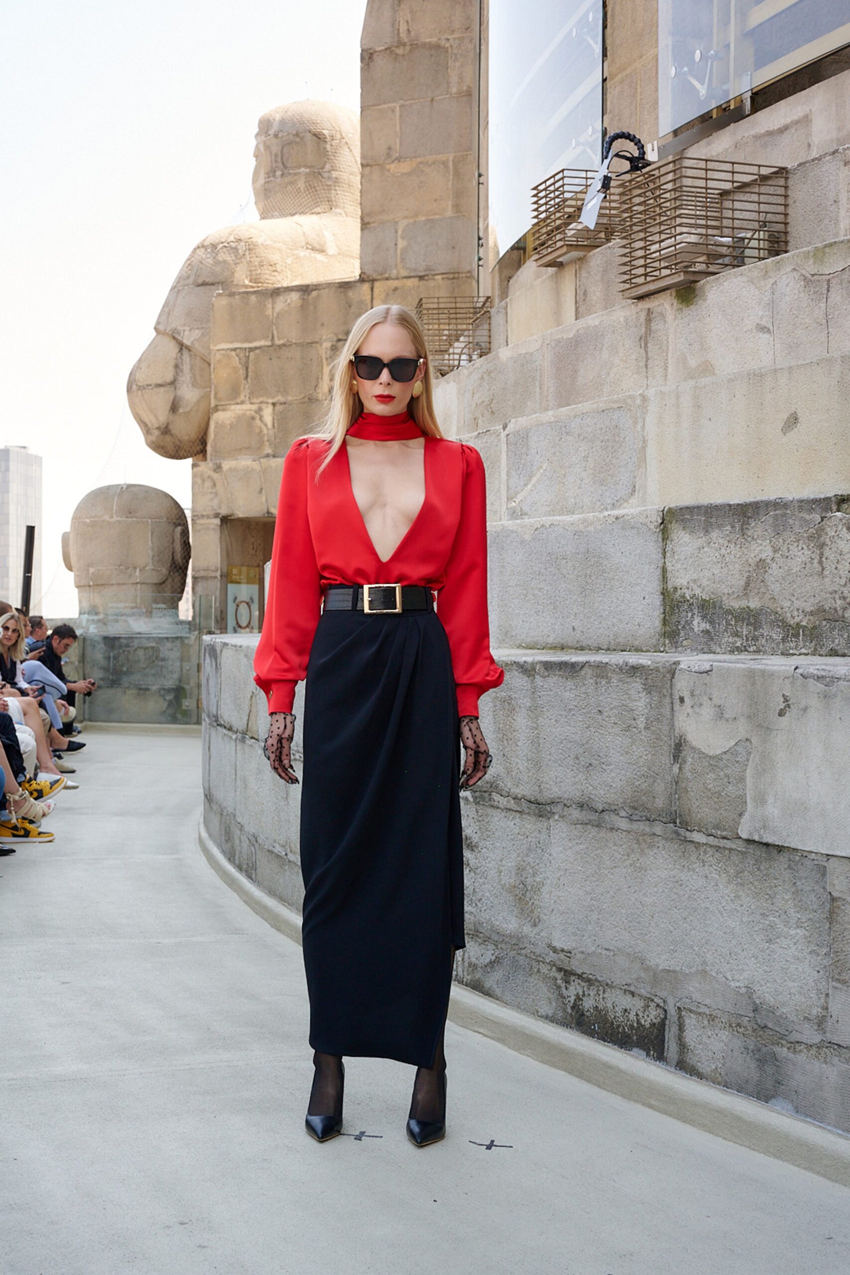 red silk long-sleeve collared fitted buttoned blouse