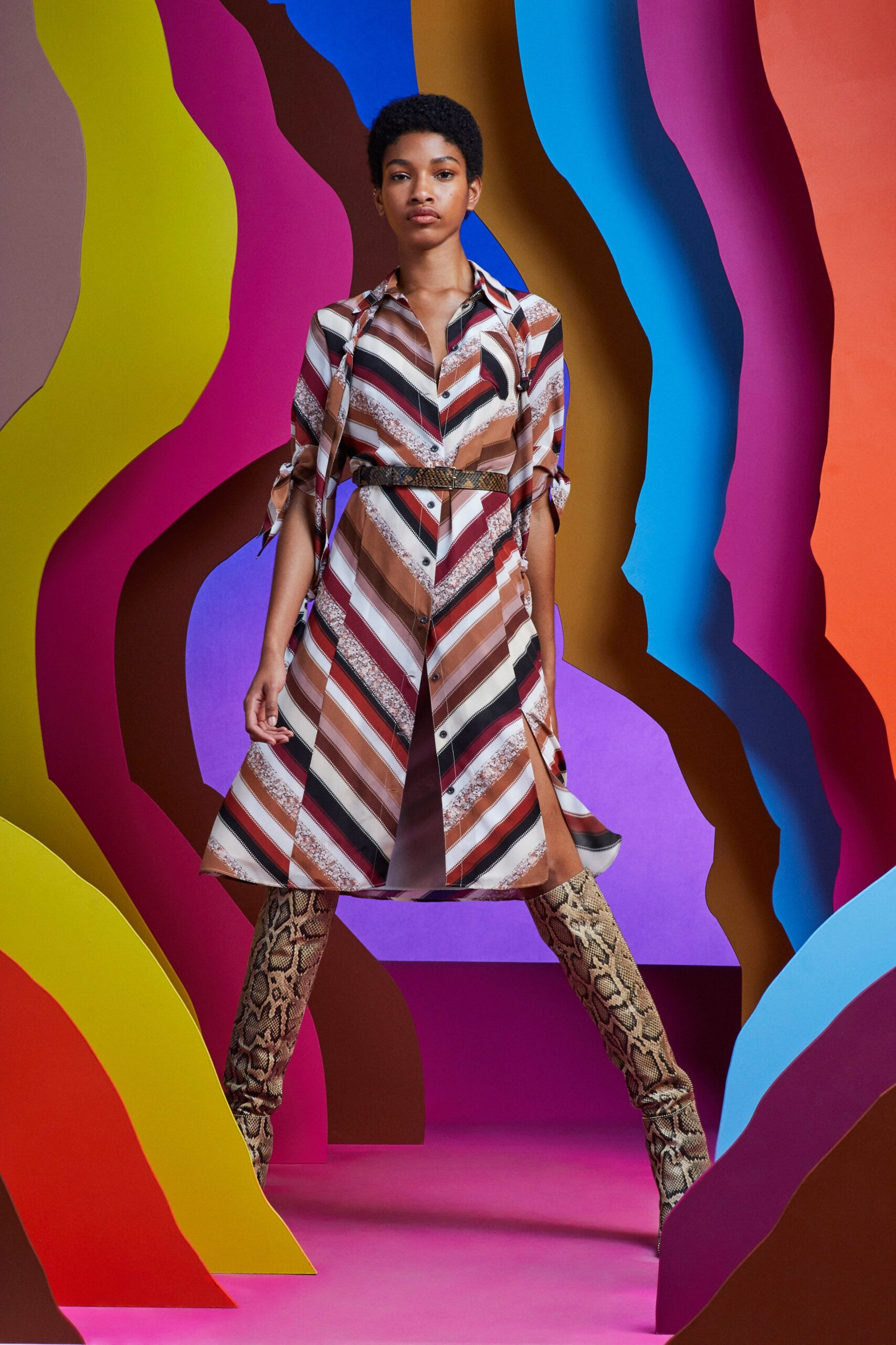 striped midi shirt-dress with snakeskin boots