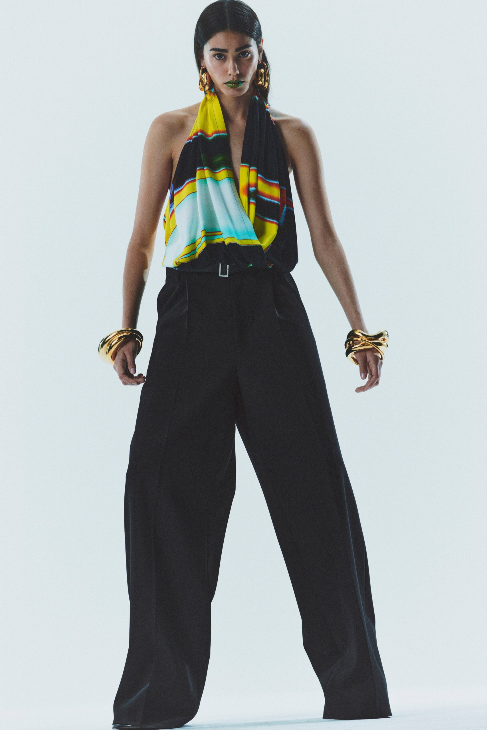 multi-colored halter top with tailored pants