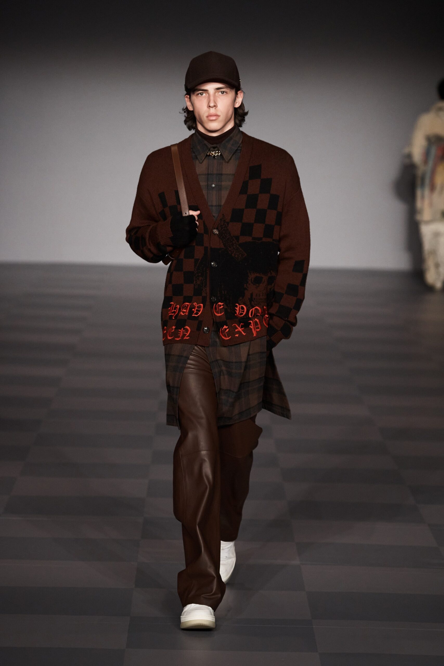 brown checked cardigan with leather pants