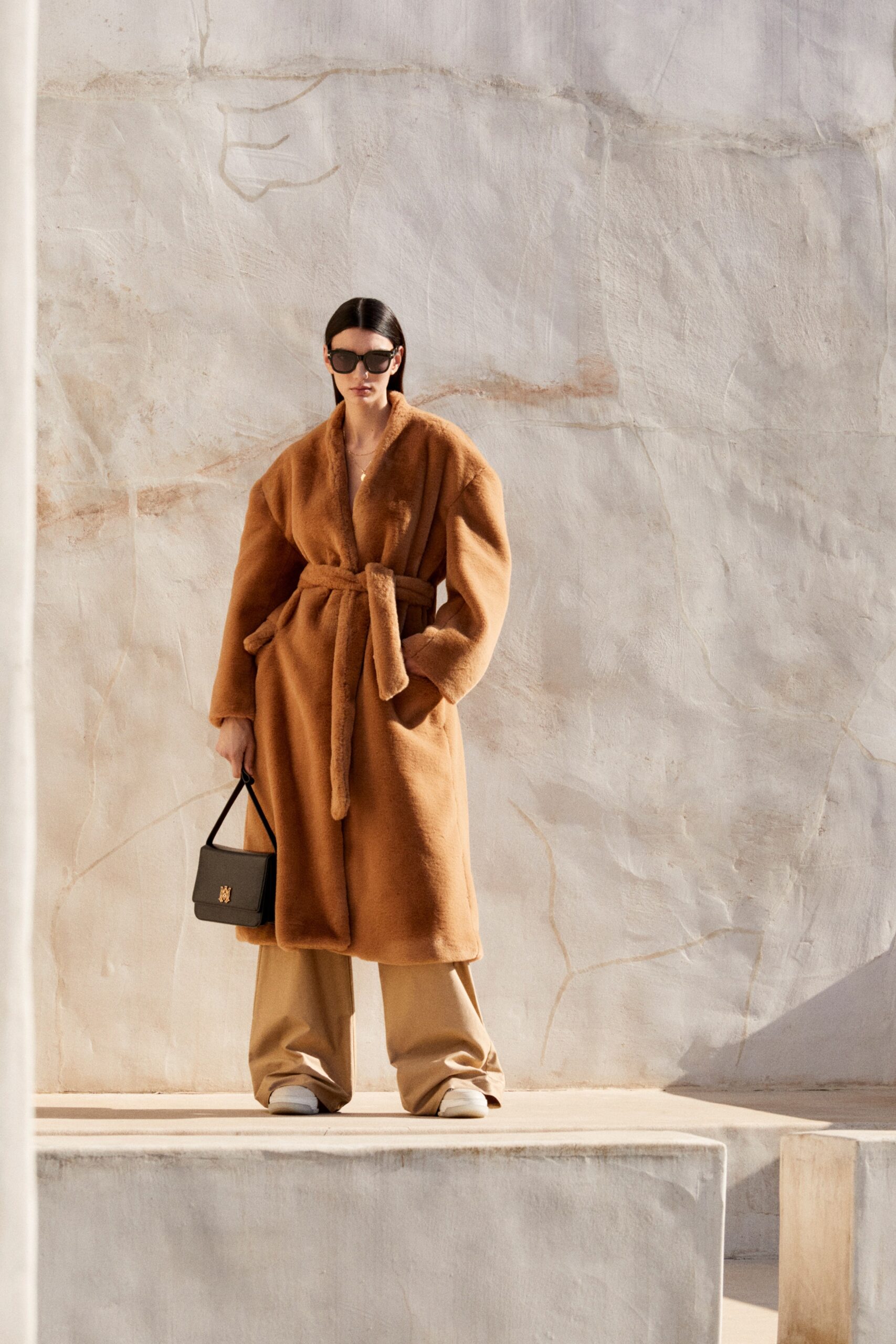 brown faux-fur long-sleeve collared relaxed belted coat