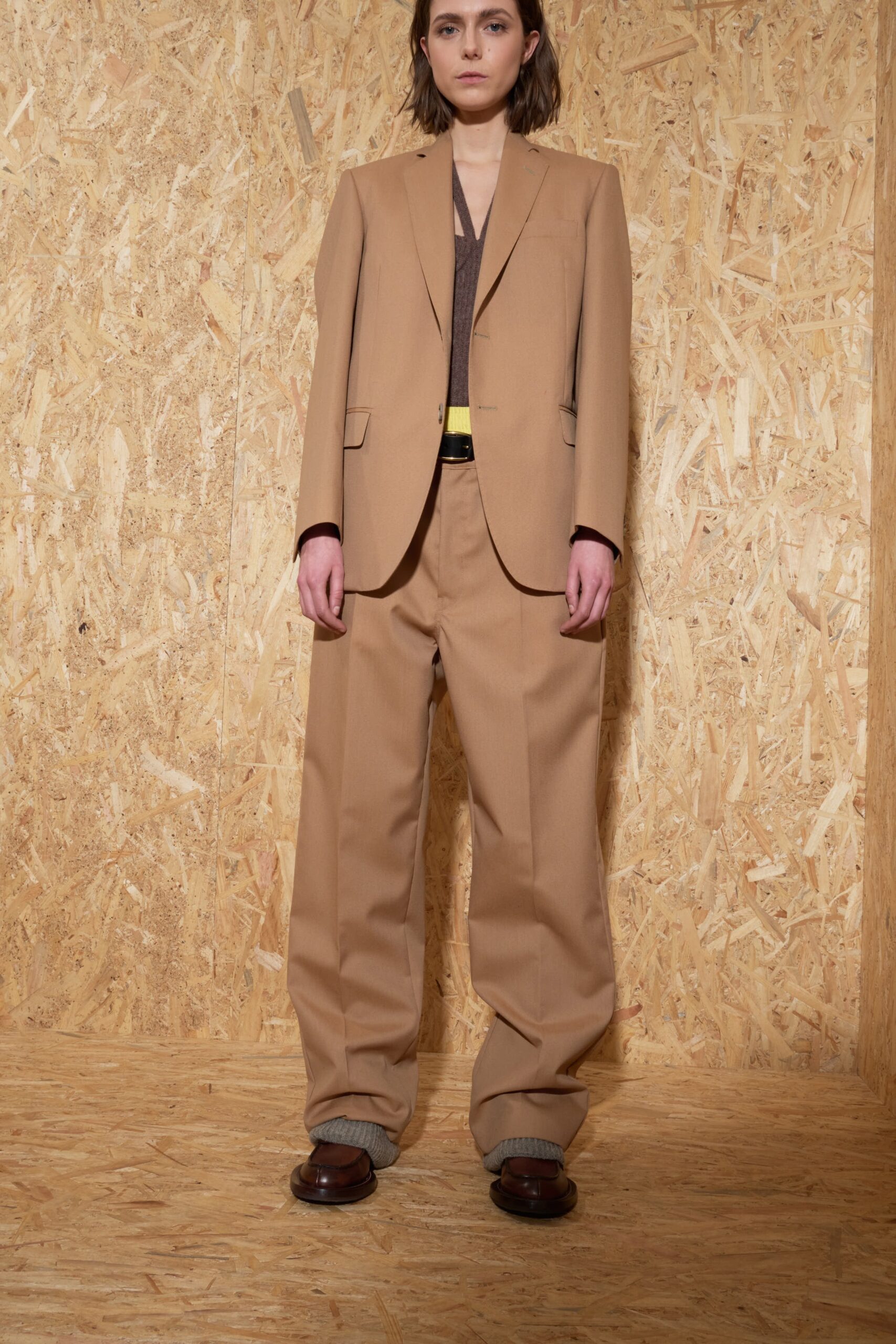 beige relaxed suit with brown top