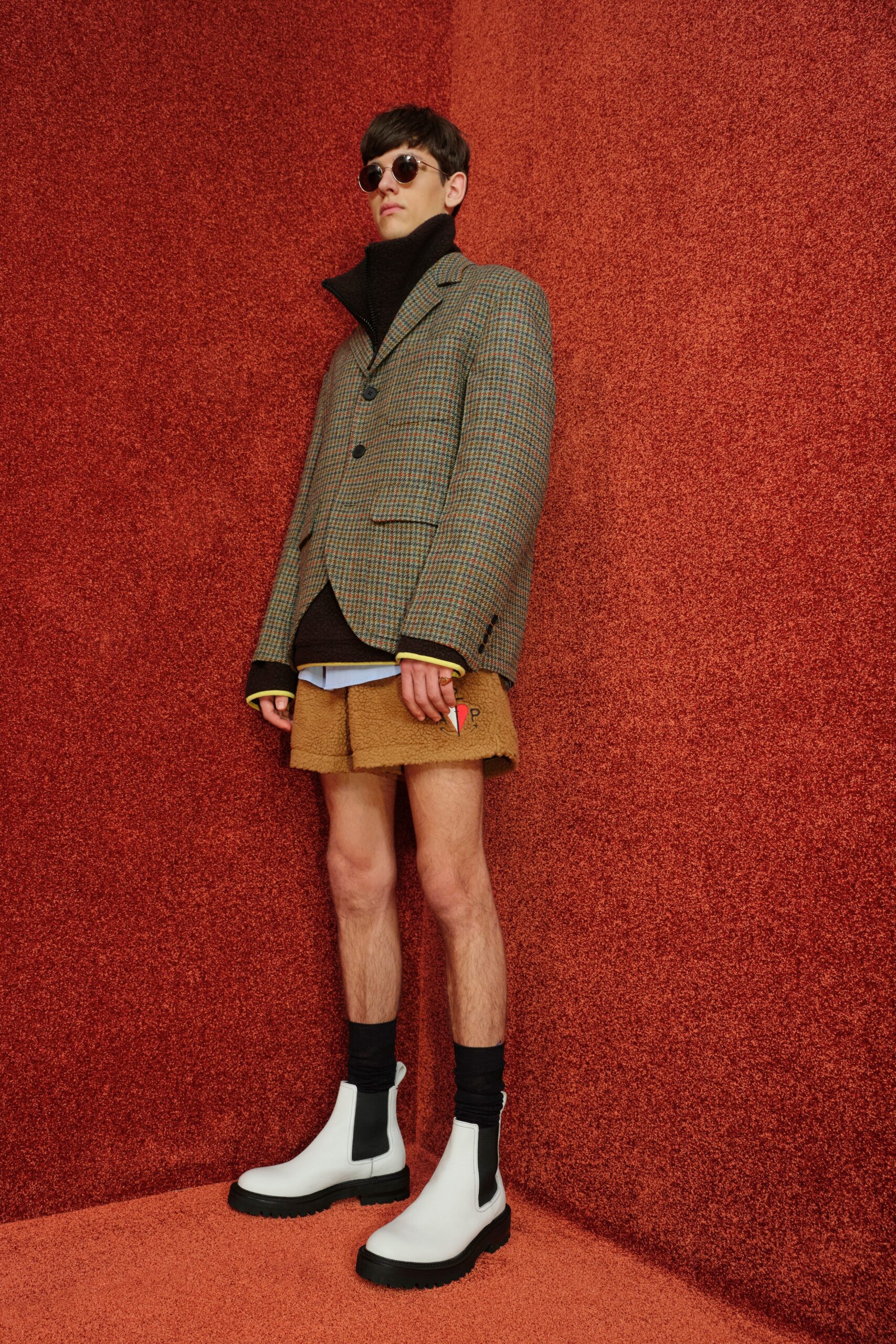 tailored brown checked blazer with shorts