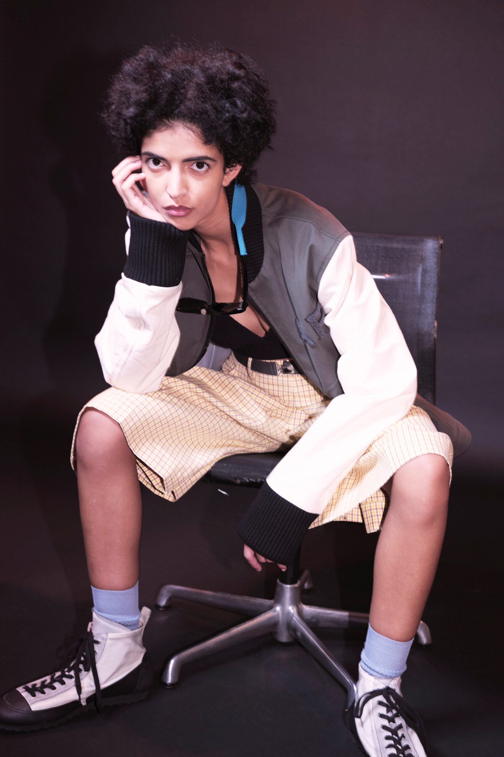 color-blocked relaxed jacket with checked shorts
