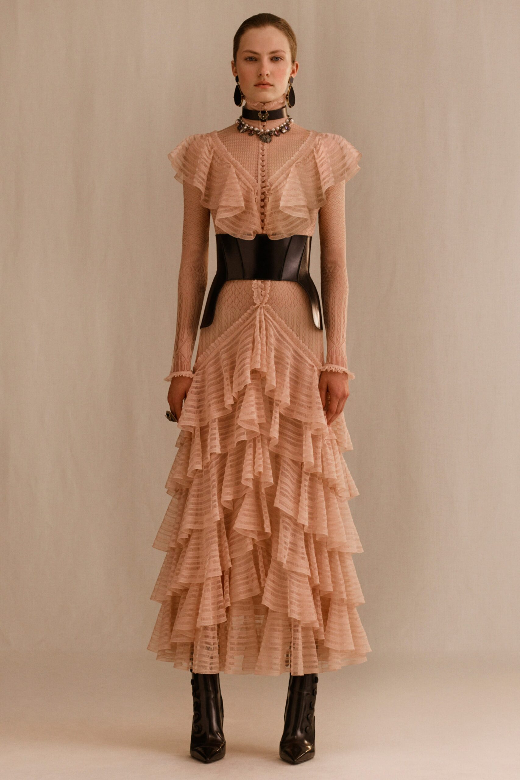 pink tiered midi dress with black corset