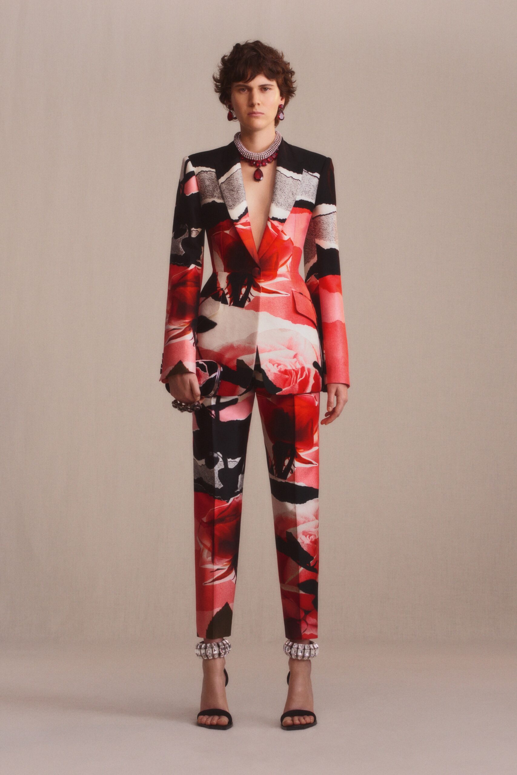 red and black printed suit