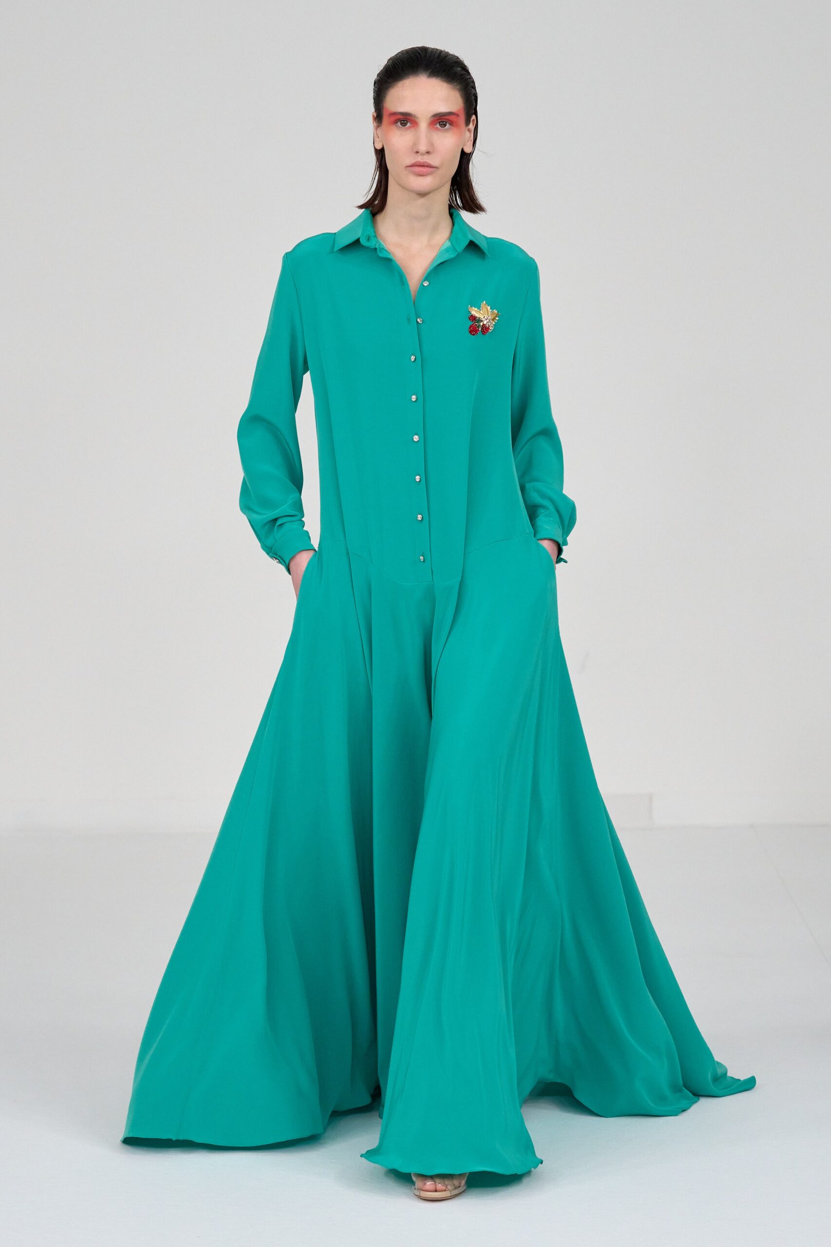 teal silk long-sleeve shirt-dress