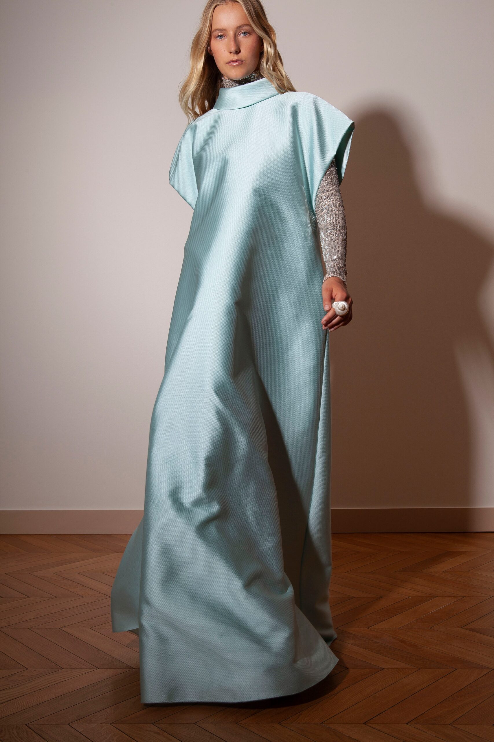 blue silk relaxed maxi dress with silver top