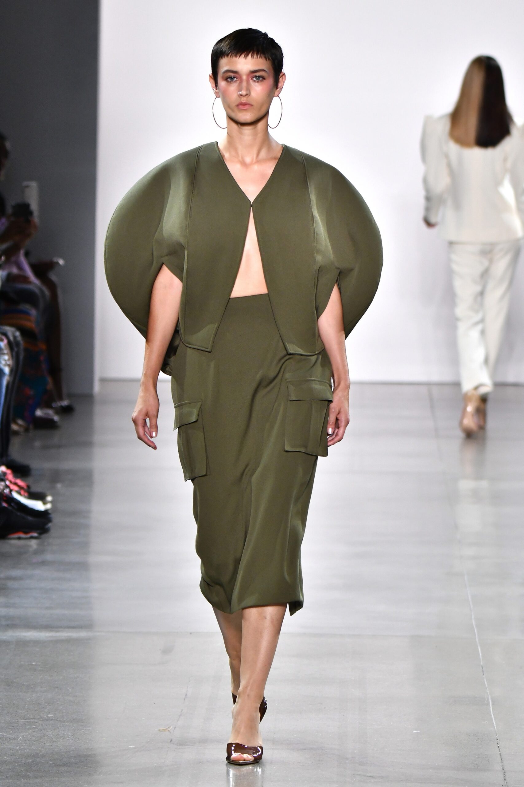 green cotton sleeveless structured layered jacket