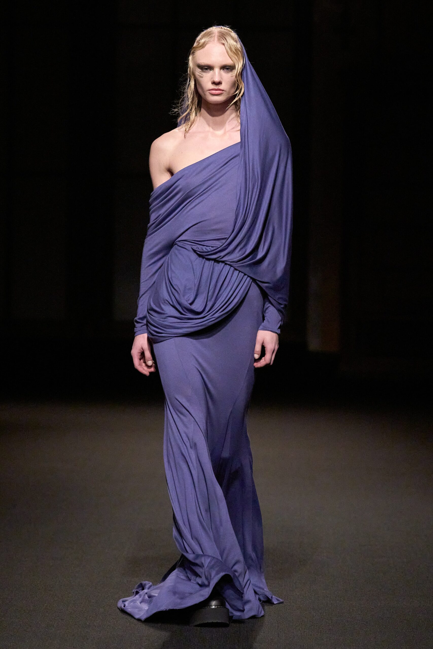 purple silk off-shoulder gown