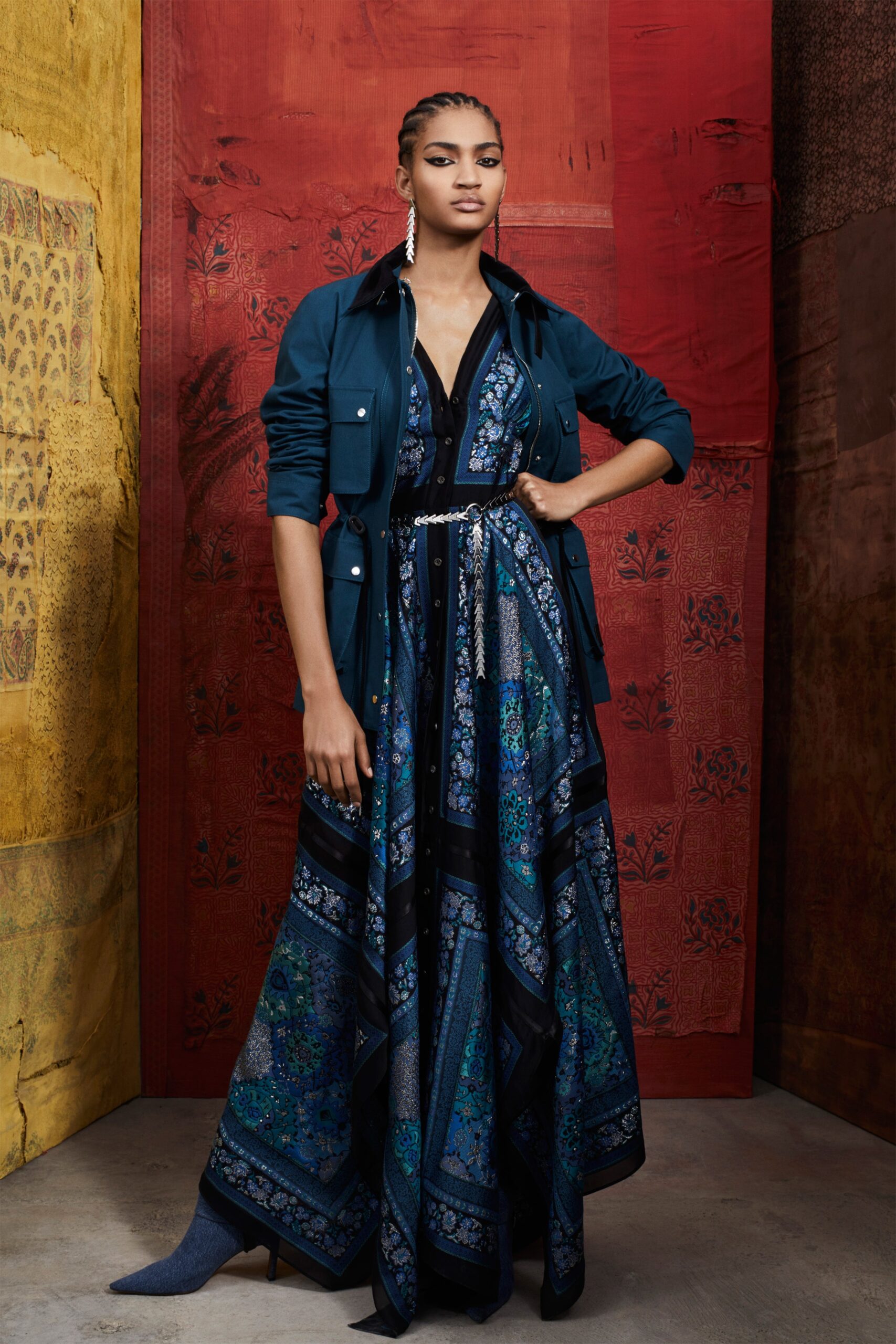 blue green maxi dress with jacket