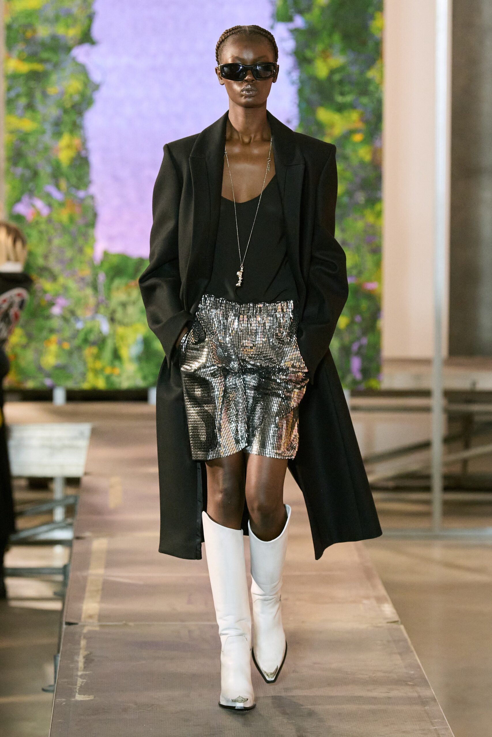 gray metallic fitted pleated shiny short skirt