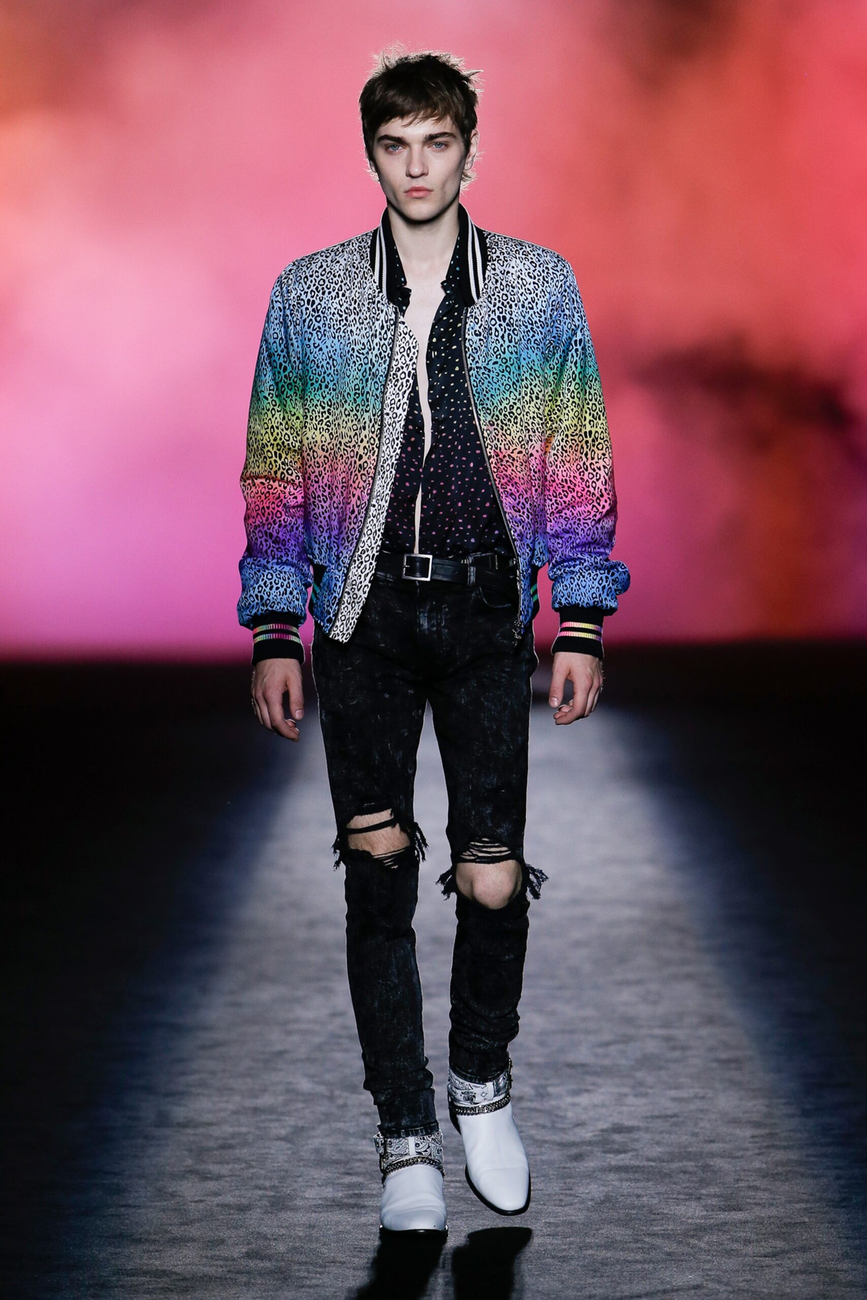 multi-colored fitted jacket with polka-dot shirt