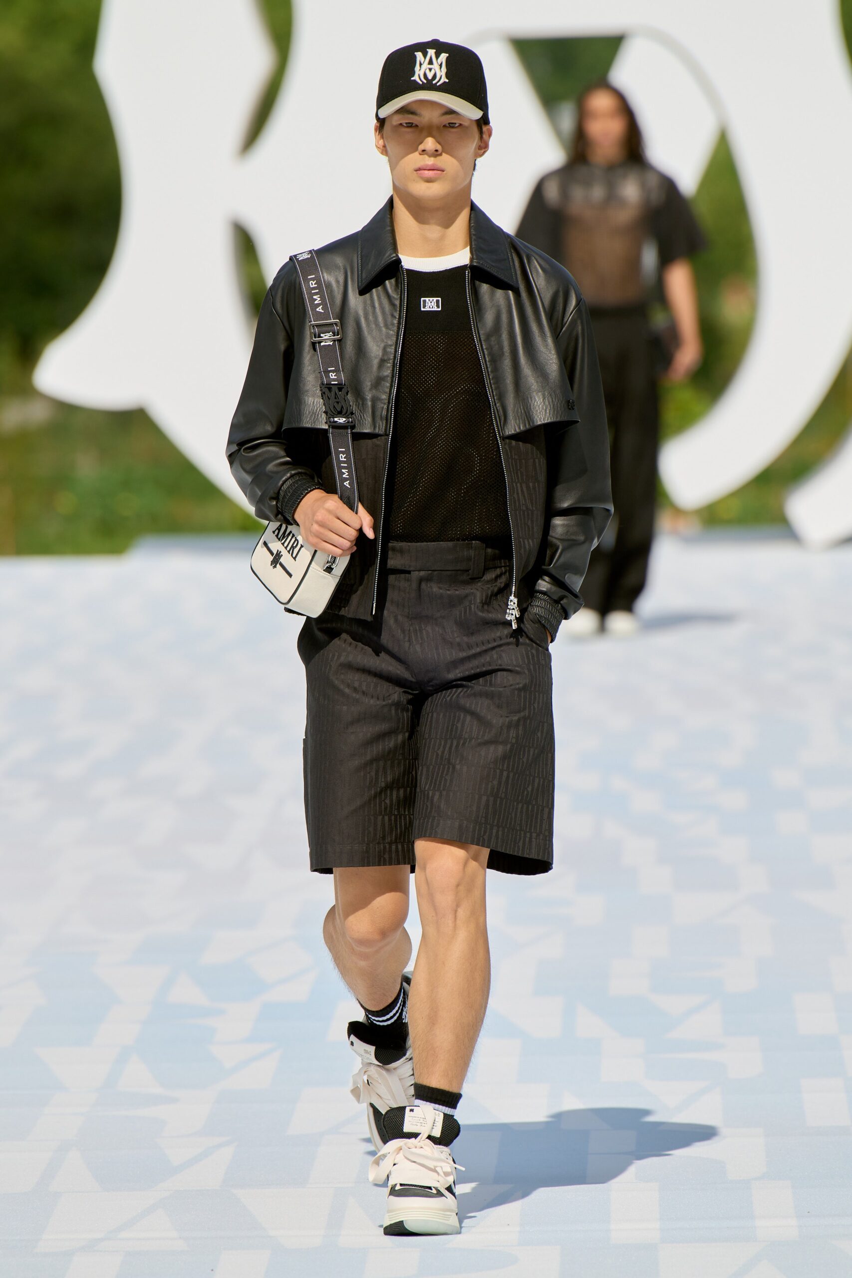 black leather jacket with shorts