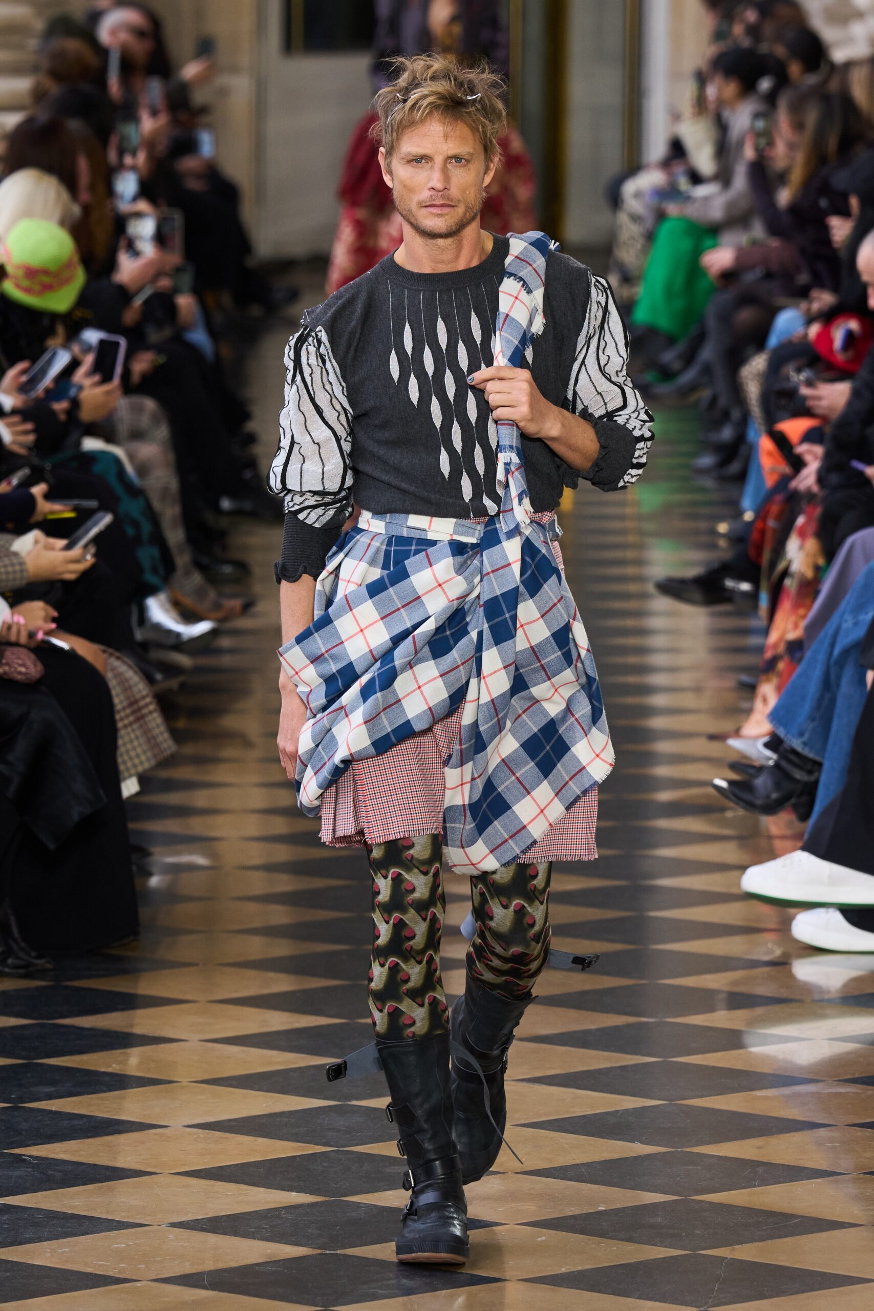 black wool sweater with plaid skirt