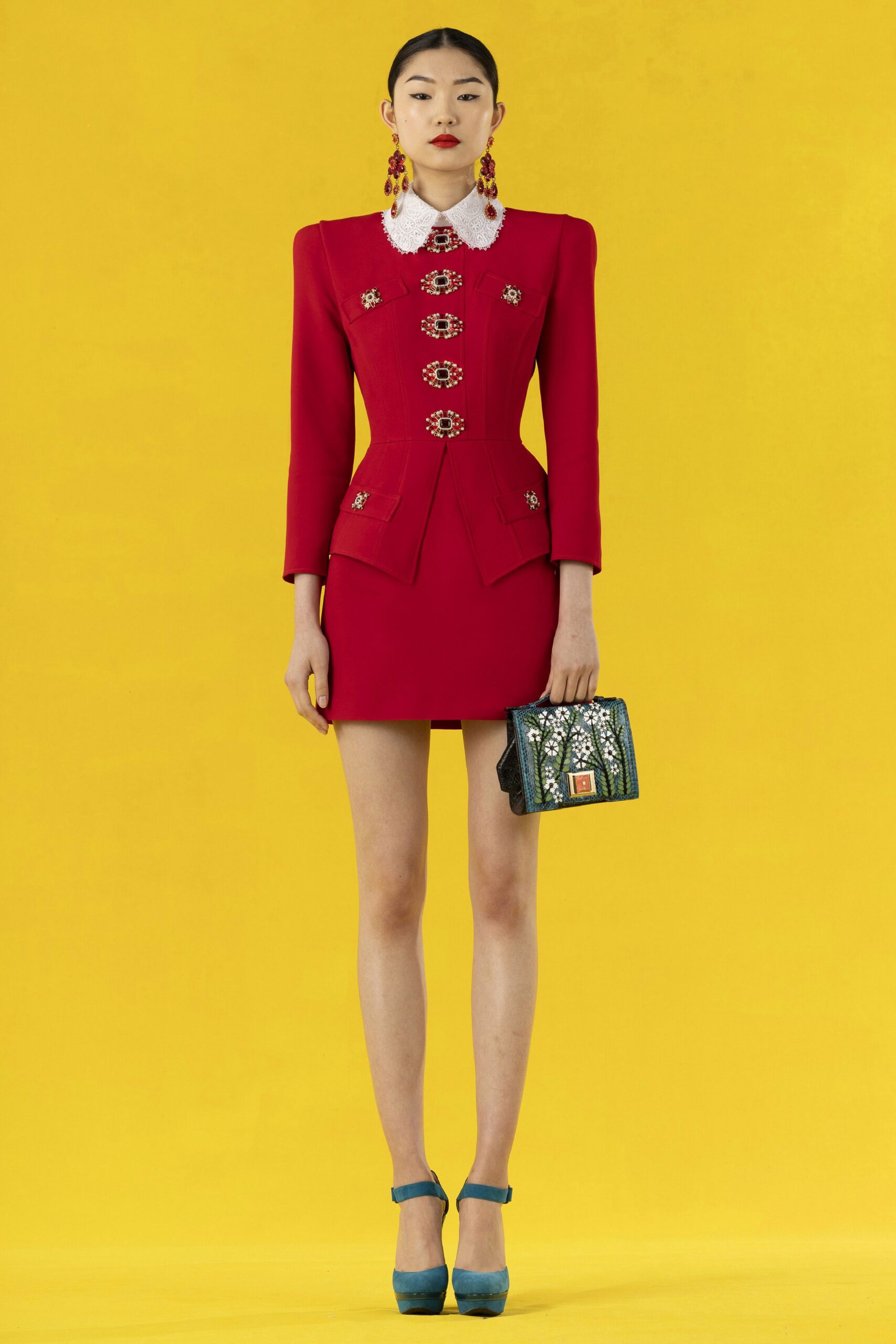 red cotton long-sleeve collared fitted buttoned embellished dress