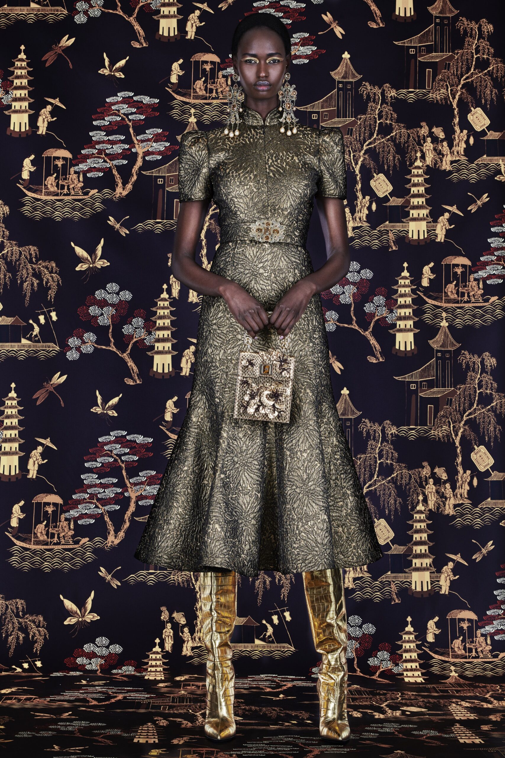 gold embroidered midi dress