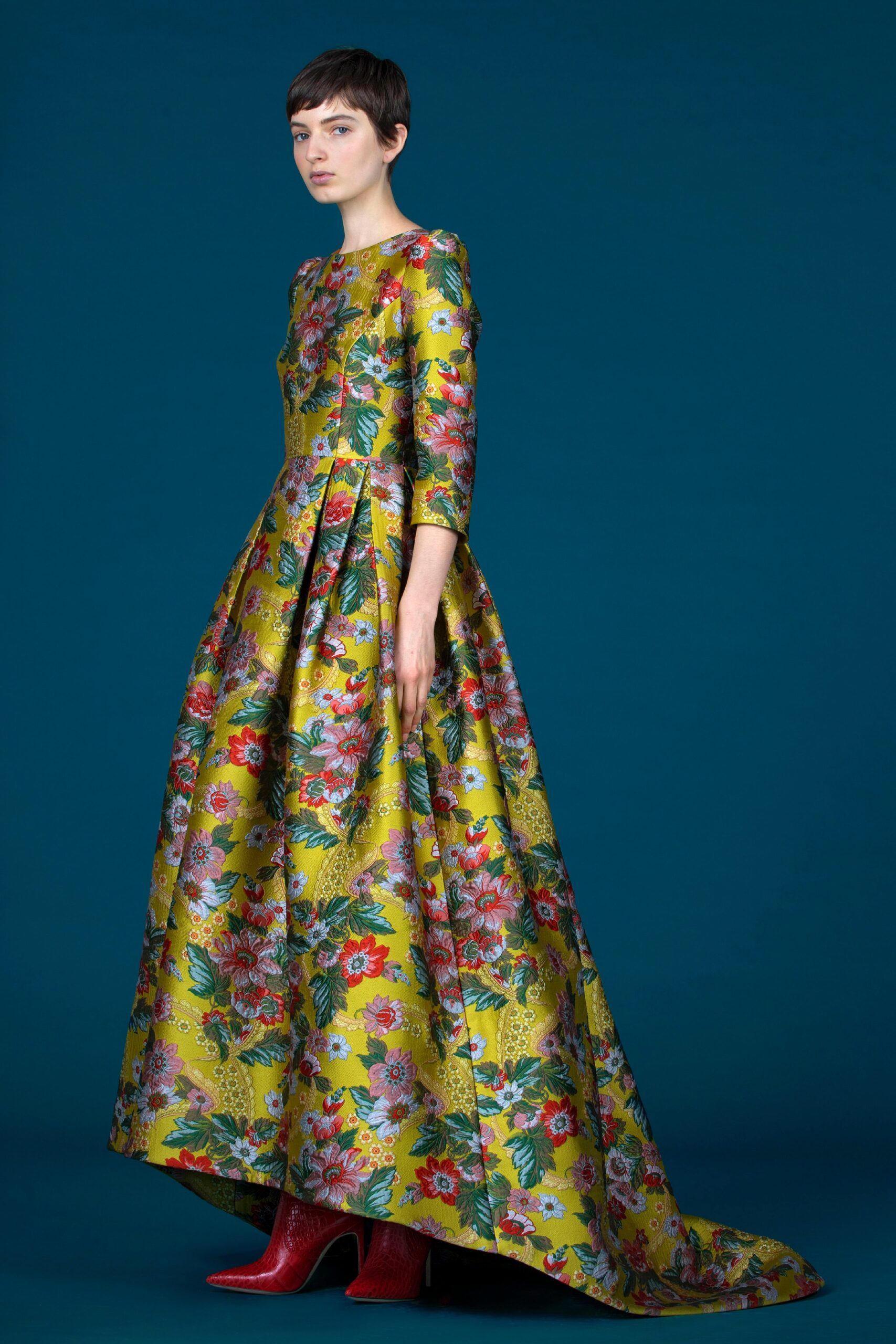 yellow floral gown with red boots