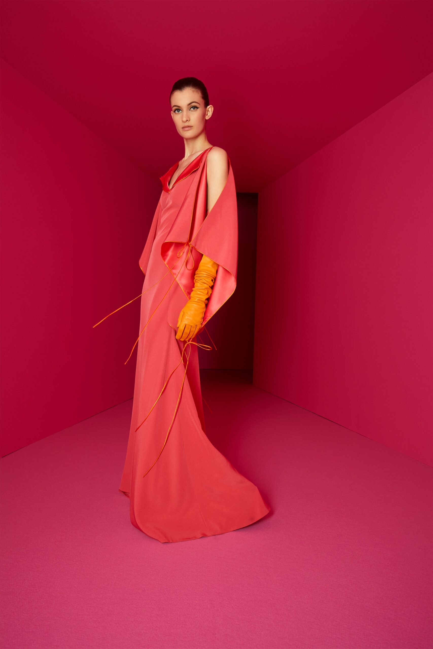 pink silk gown with orange gloves