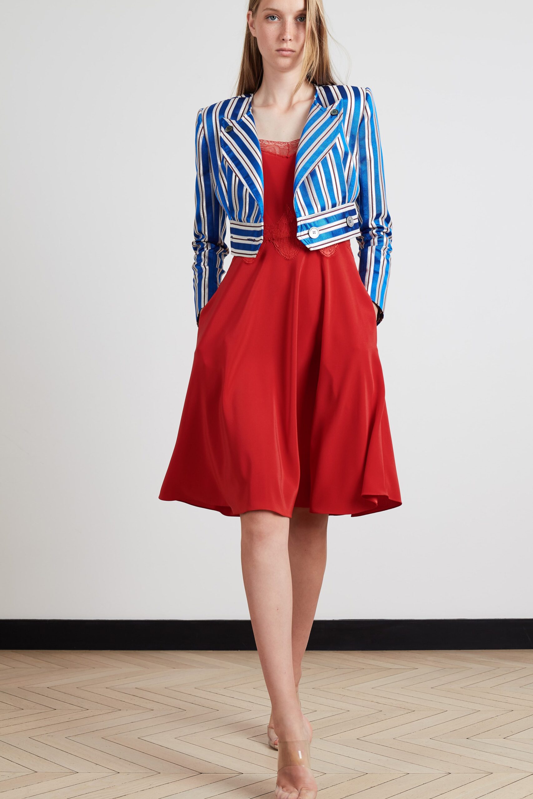 red midi dress with striped jacket
