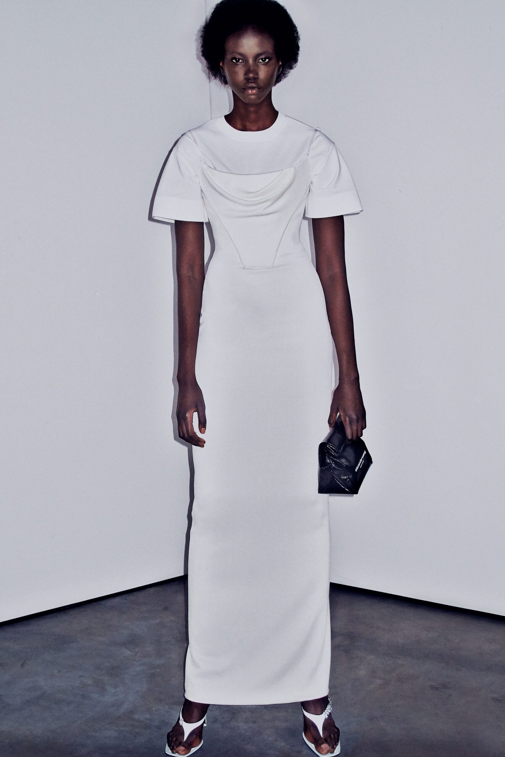 white fitted gown with short sleeves