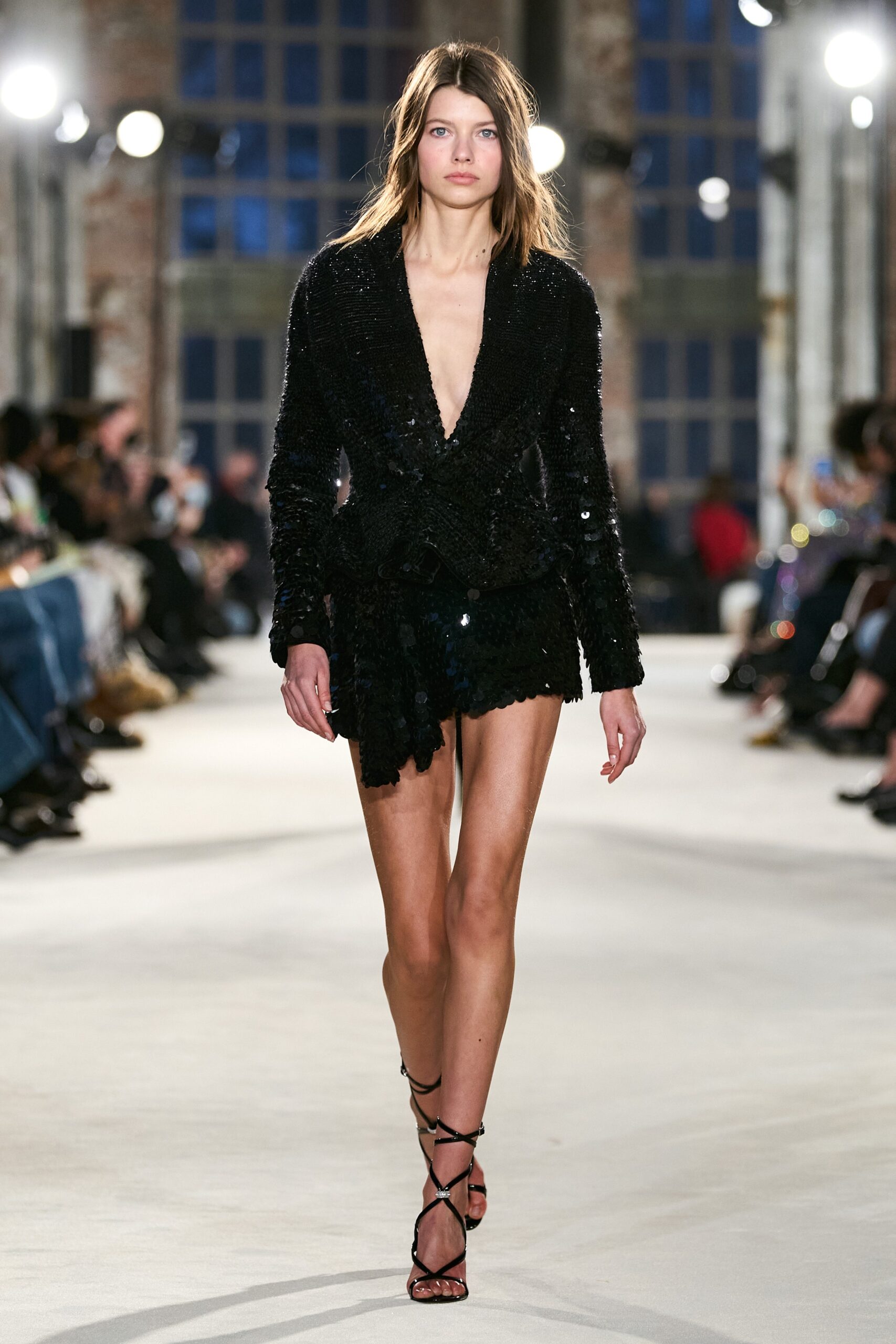 black sequin asymmetric fitted ruffled shiny mini skirt
