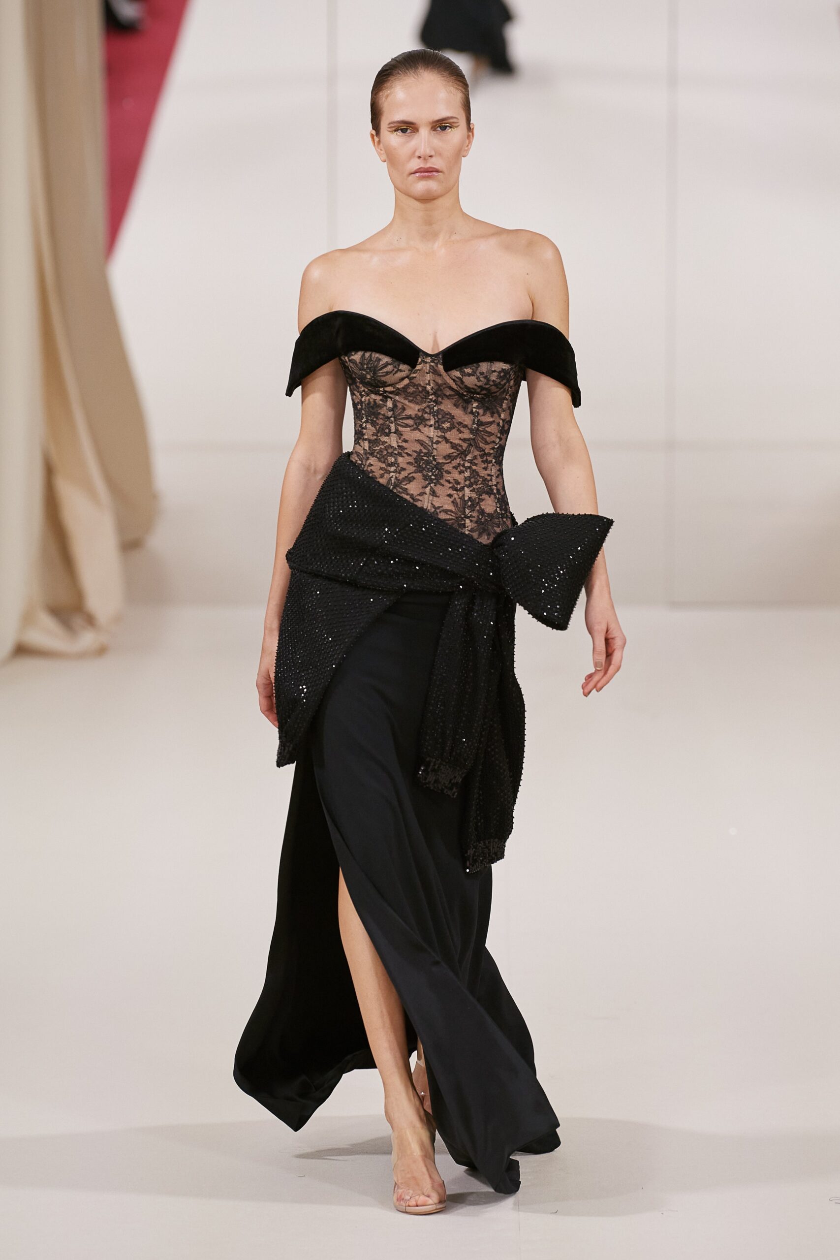 black lace off-shoulder gown