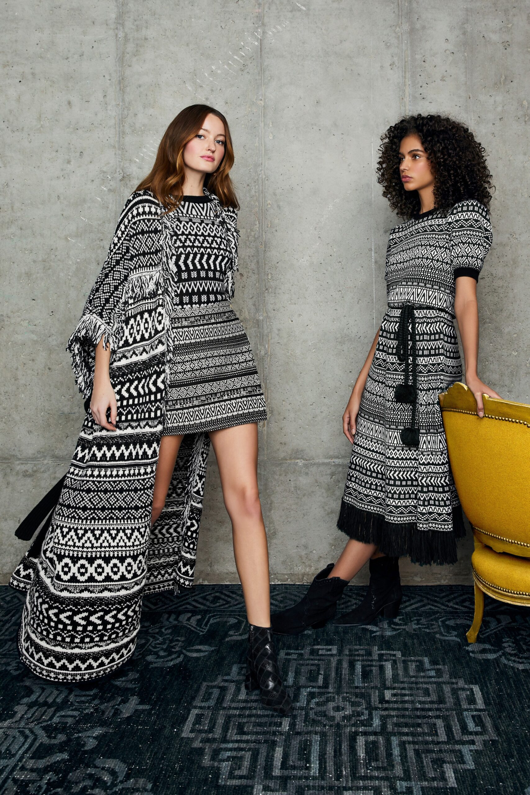 black and white printed dress and cape