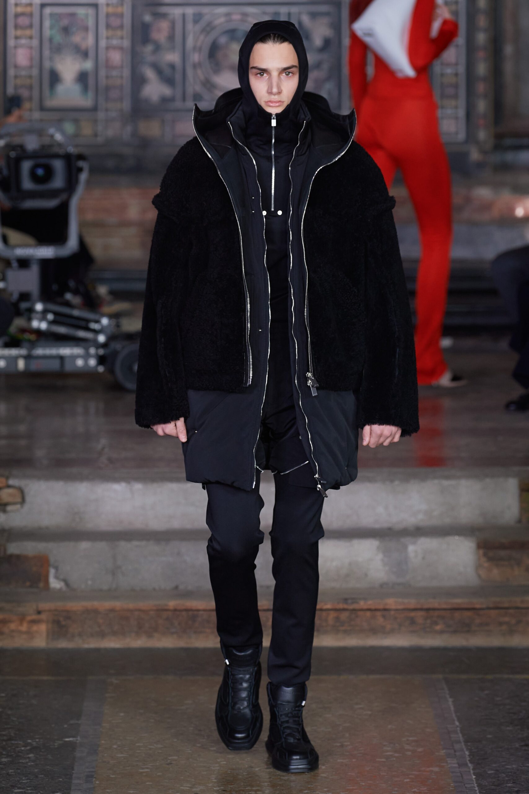 black faux-fur hooded relaxed zippered jacket