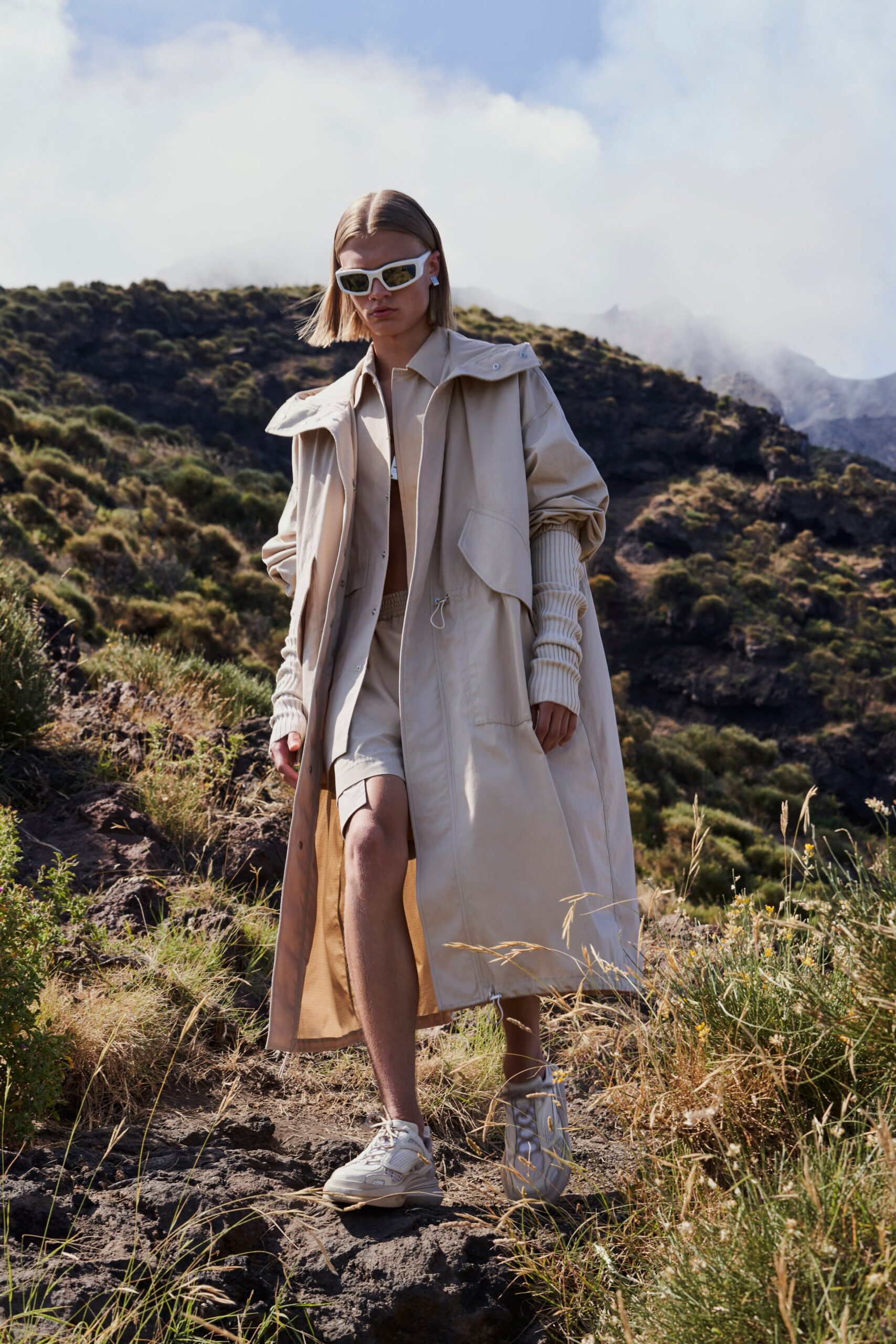 beige trench coat with shorts
