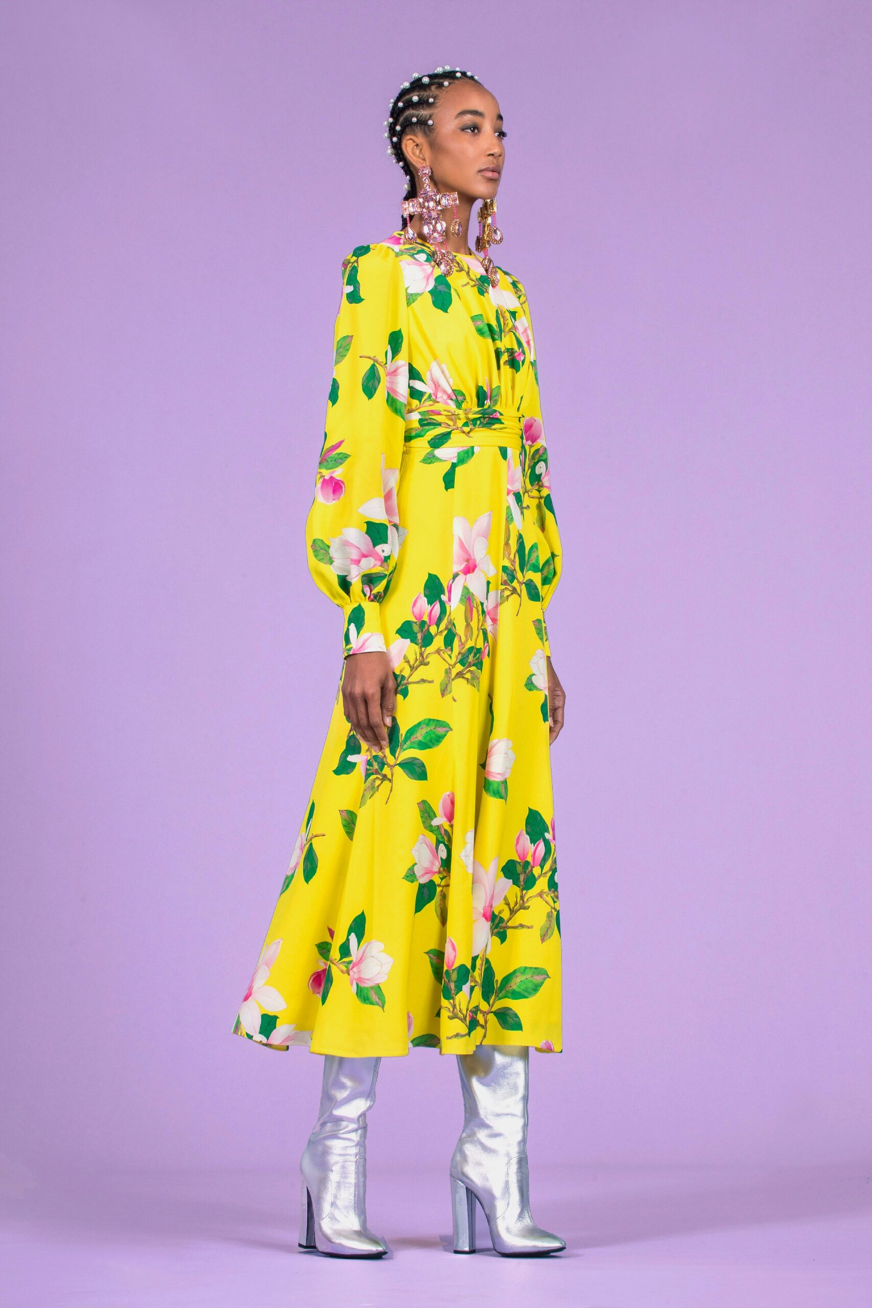yellow floral midi dress with silver boots