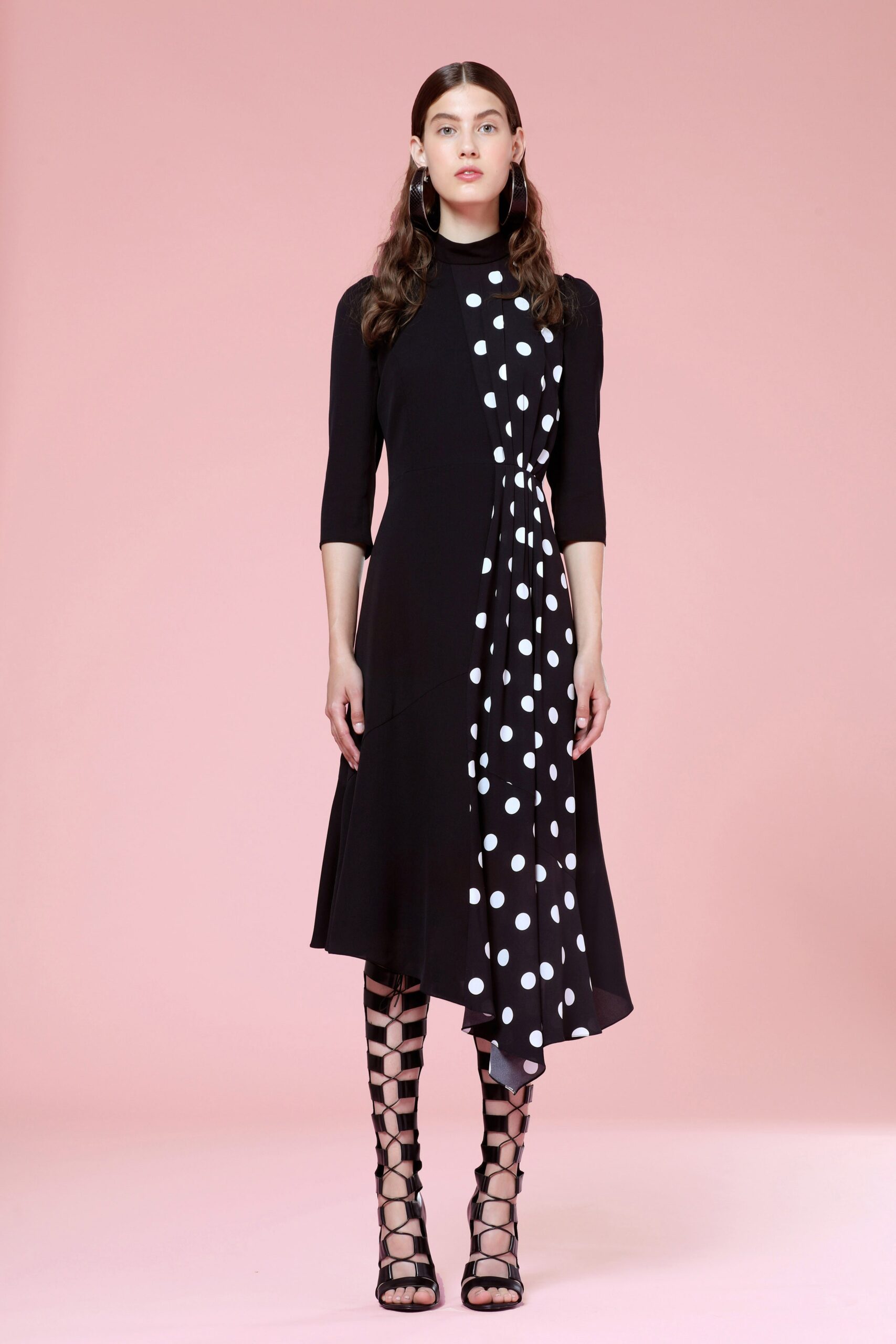 black cotton long-sleeve high-neck fitted polka-dot midi dress