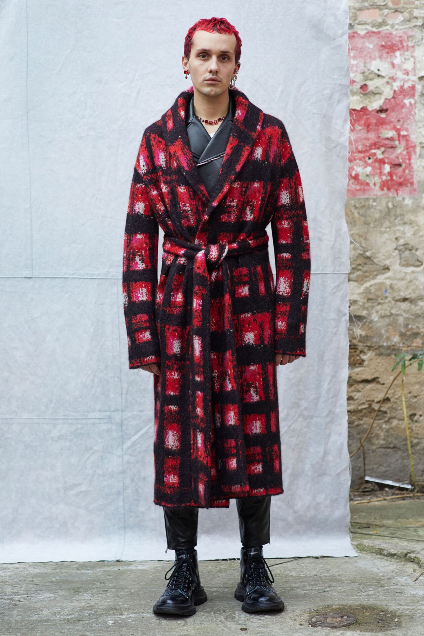 red black white checkered coat