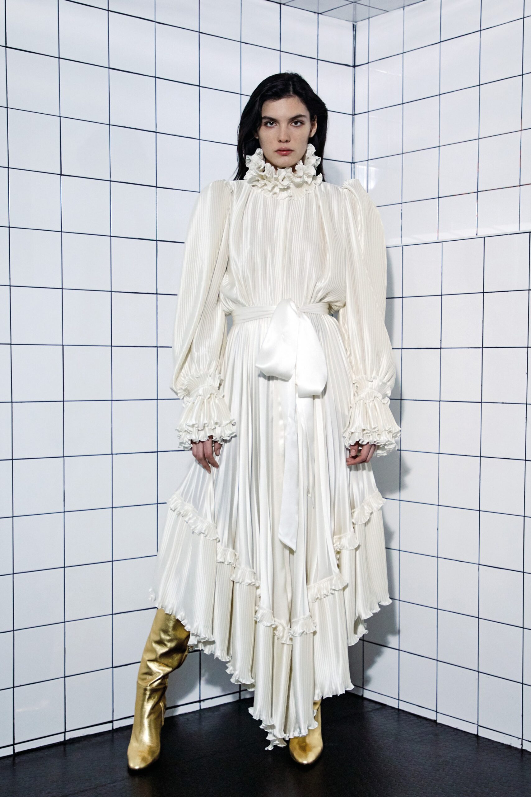 white silk long-sleeve high-neck fitted pleated ruffled dress