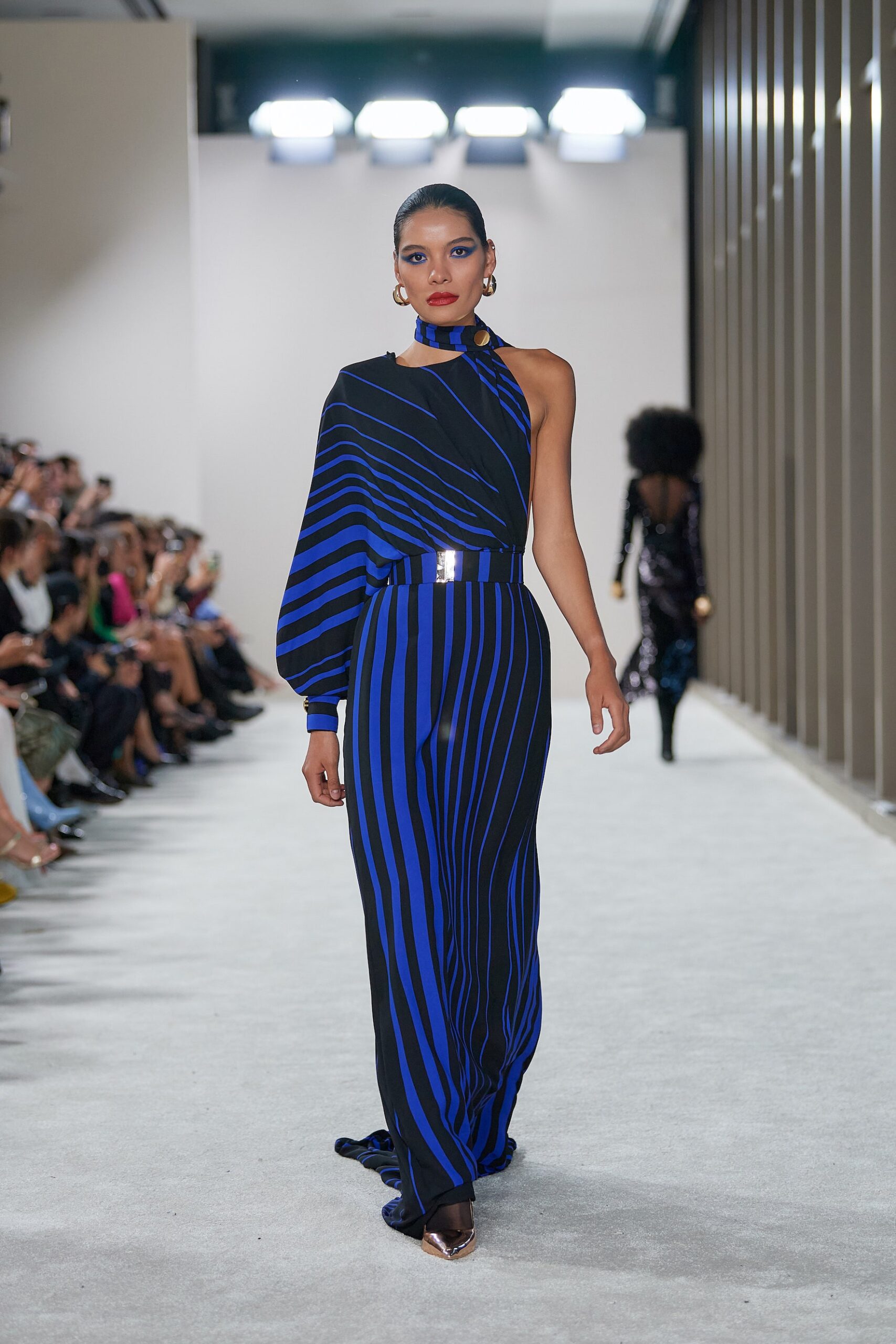 blue and black striped maxi dress